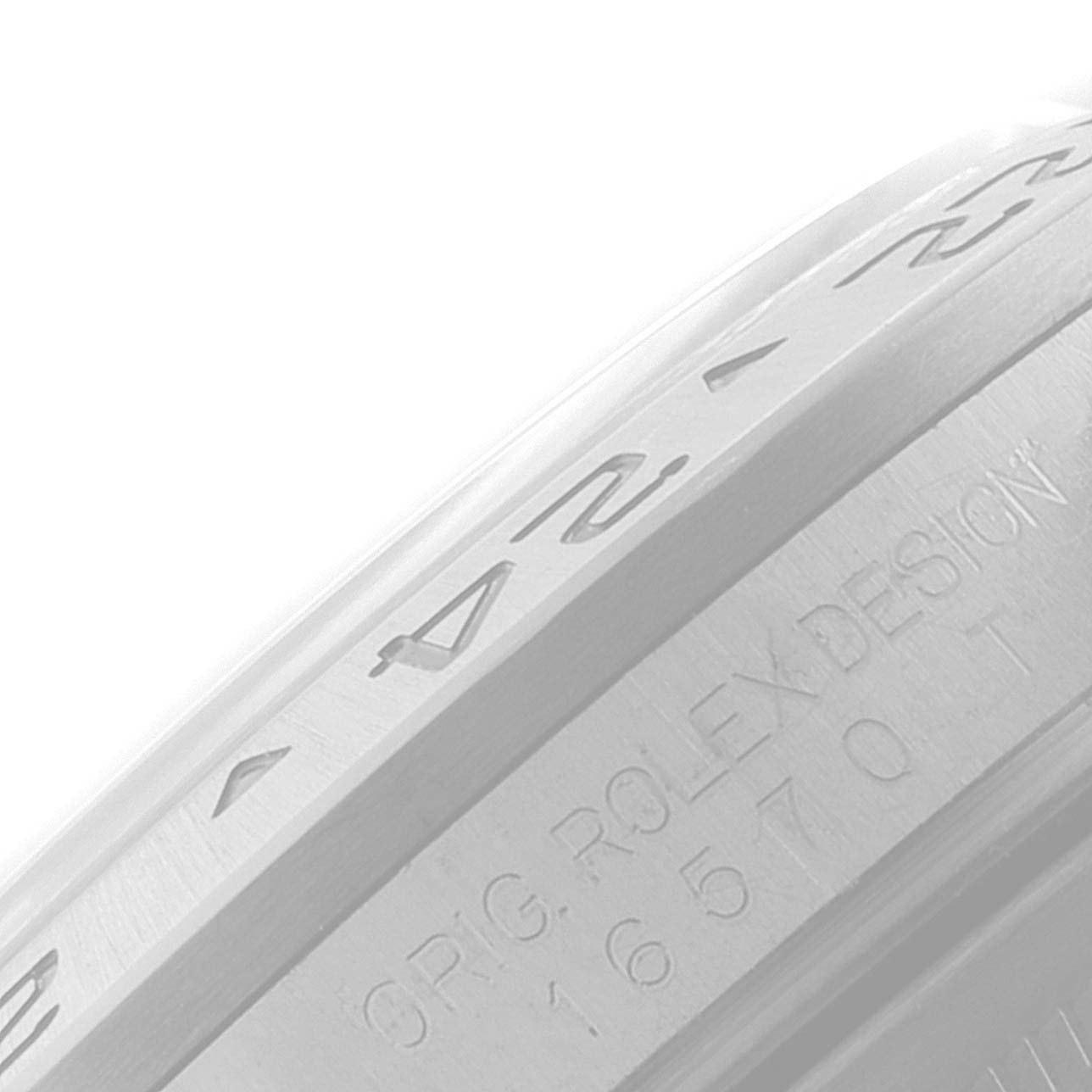 This close-up image shows a side angle of the bezel and engraved details on the case of a Rolex Explorer 16570 Men's Stainless Steel White Dial 16570 Men's Stainless Steel White Dial watch.