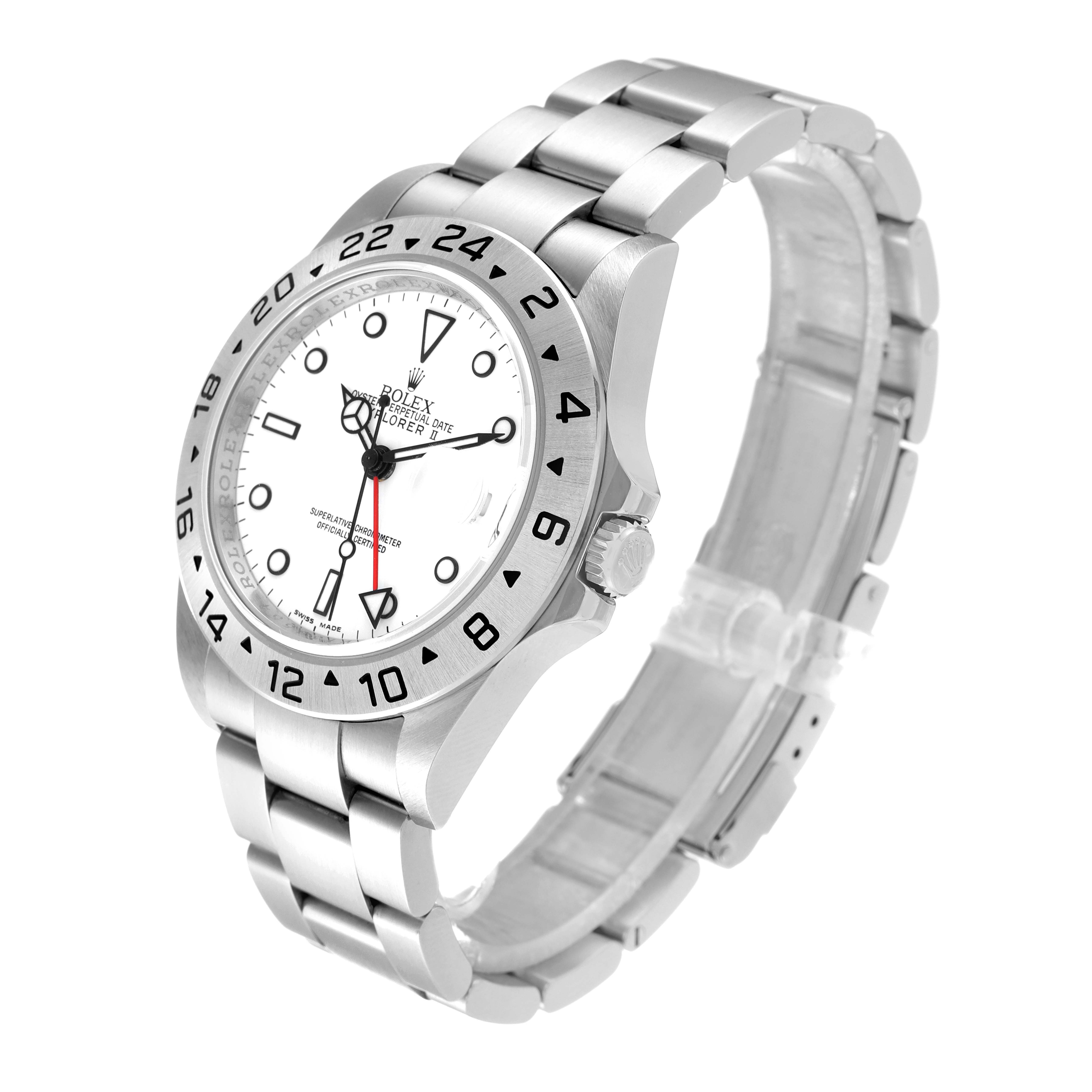 This image shows the Rolex Explorer 16570 Men's Stainless Steel White Dial 16570 Men's Stainless Steel White Dial model watch from an angled side view, highlighting the dial, bracelet, and bezel.