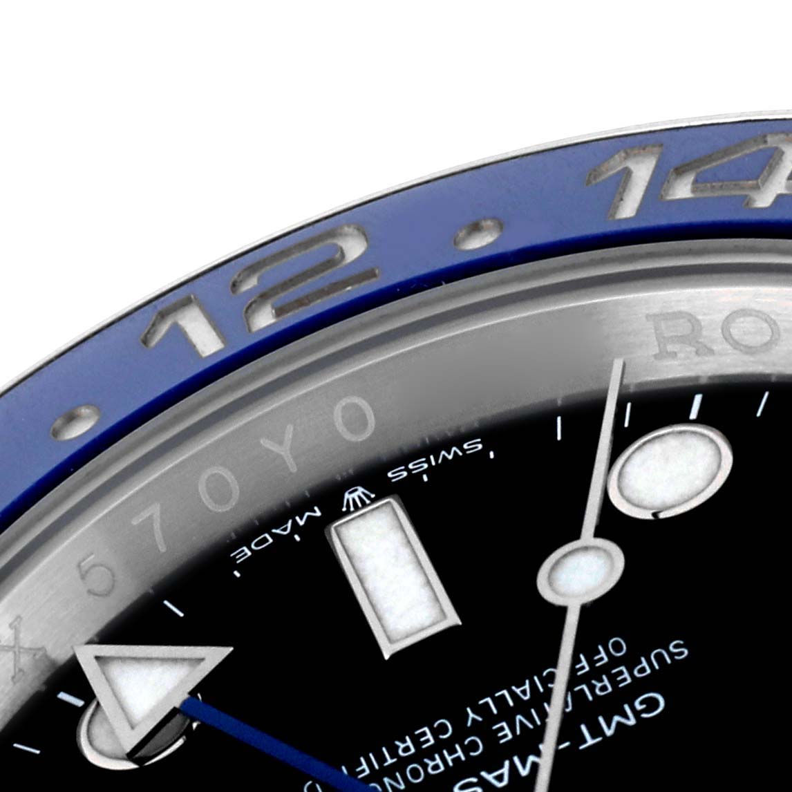 The image shows a close-up of the dial and bezel of a Rolex GMT-Master 126710 Men
s Stainless Steel Black Dial 126710 Men
s Stainless Steel Black Dial watch, specifically the 12-14 markers on the bezel.