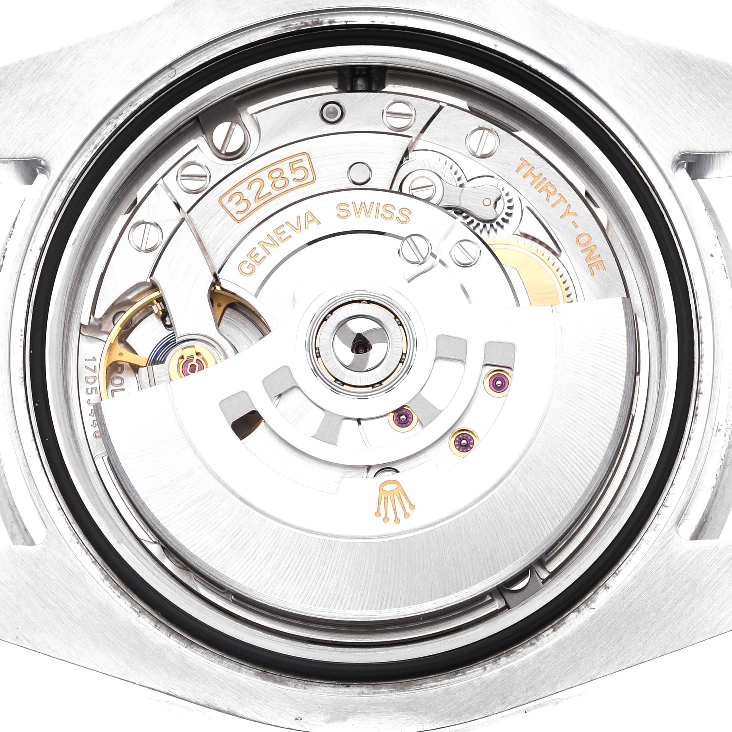 This image shows the internal mechanism of the Rolex GMT-Master 126710 Men
s Stainless Steel Black Dial 126710 Men
s Stainless Steel Black Dial watch from the back, highlighting the self-winding rotor and movement components.