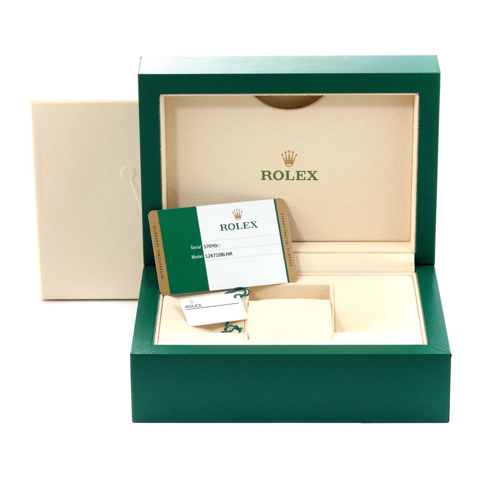 The image shows the open packaging box of the Rolex GMT-Master 126710 Men
s Stainless Steel Black Dial 126710 Men
s Stainless Steel Black Dial model, along with a warranty card and tags.