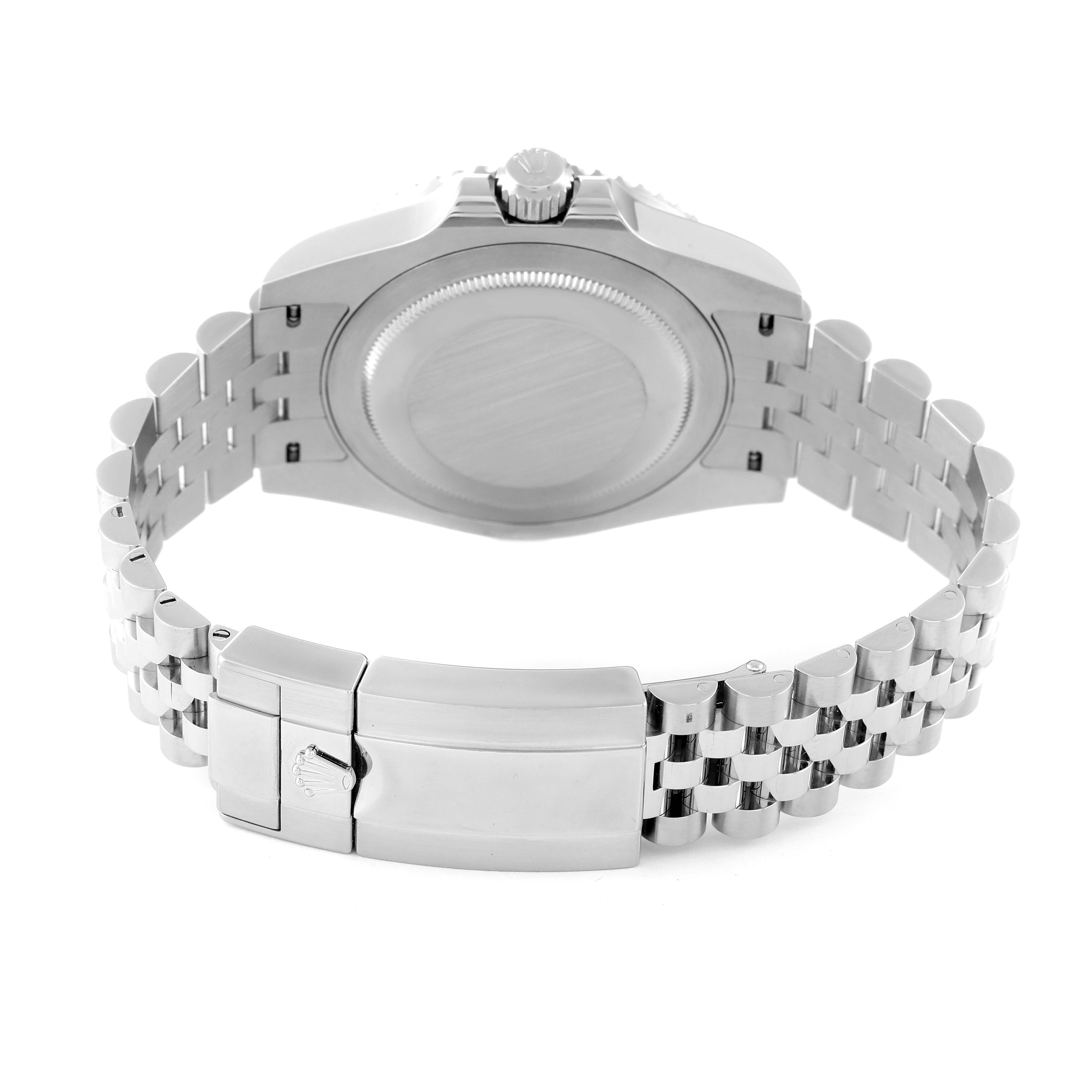 The image shows the back and strap of a Rolex GMT-Master 126710 Men
s Stainless Steel Black Dial 126710 Men
s Stainless Steel Black Dial watch at a straight-on angle.