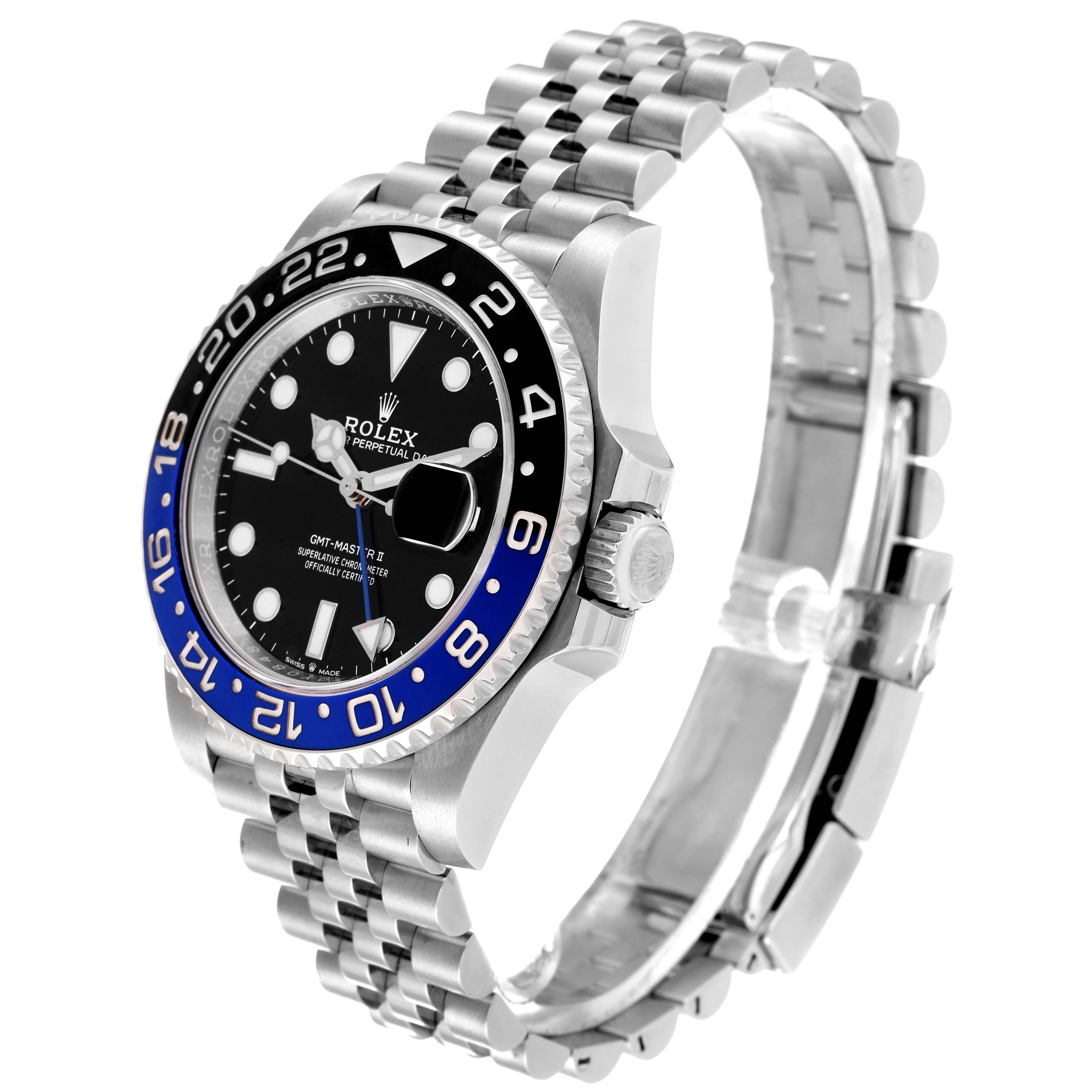 The image shows a side angle of the Rolex GMT-Master 126710 Men
s Stainless Steel Black Dial 126710 Men
s Stainless Steel Black Dial watch, highlighting the bezel, dial, and bracelet.