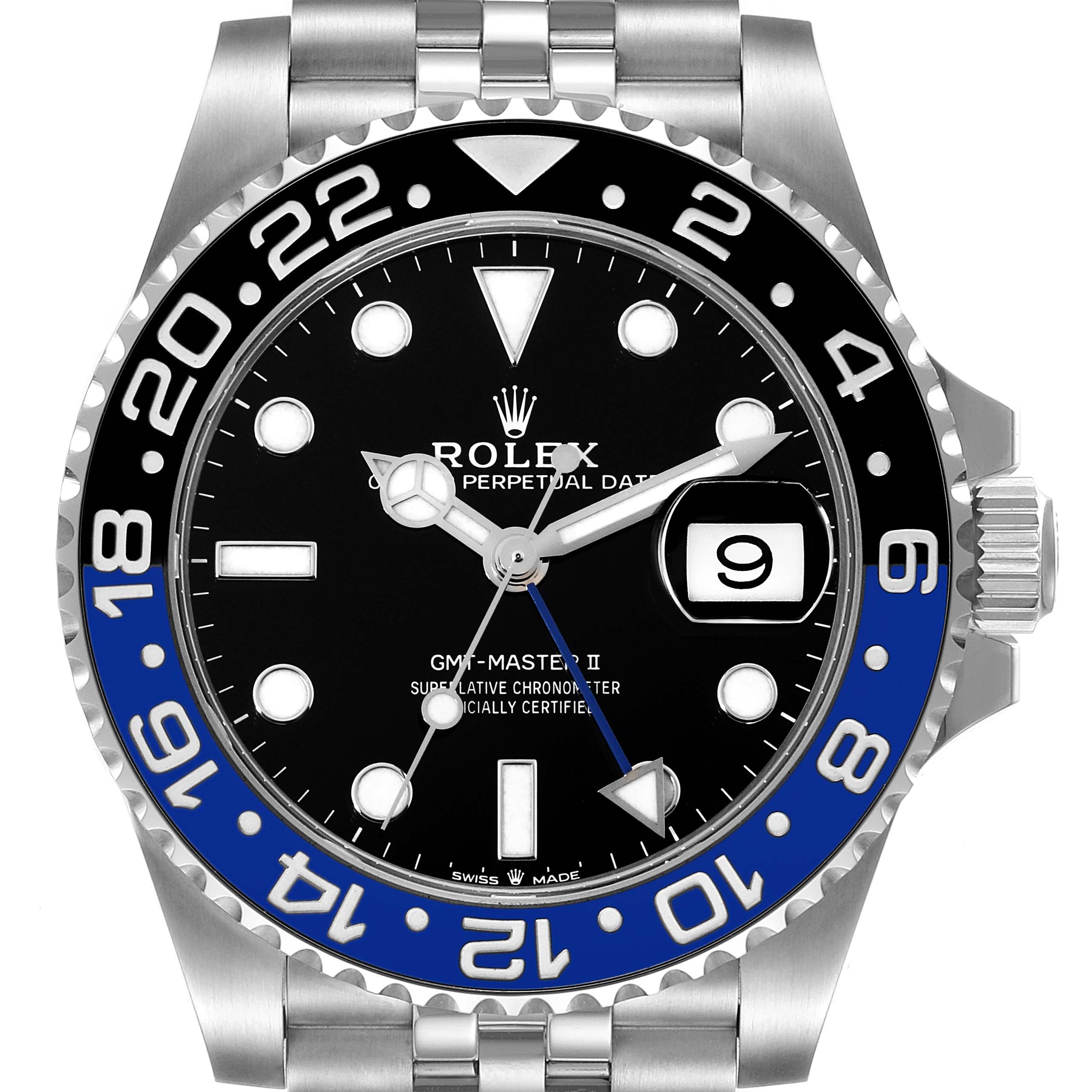 The image shows a front view of a Rolex GMT-Master 126710 Men
s Stainless Steel Black Dial 126710 Men
s Stainless Steel Black Dial II watch with a black and blue bezel.