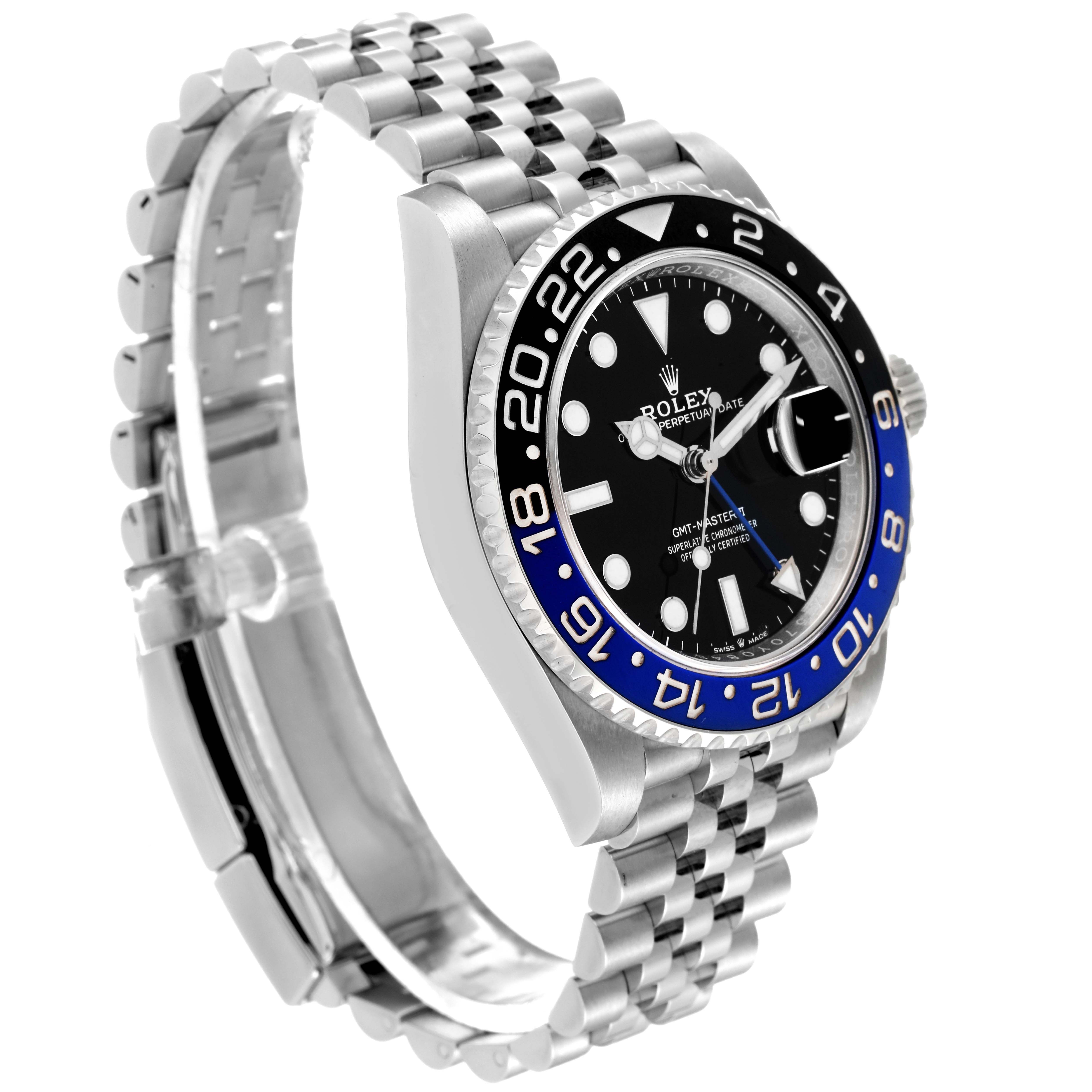 The image shows a side angle of a Rolex GMT-Master 126710 Men
s Stainless Steel Black Dial 126710 Men
s Stainless Steel Black Dial watch, highlighting its case, dial, and bracelet.