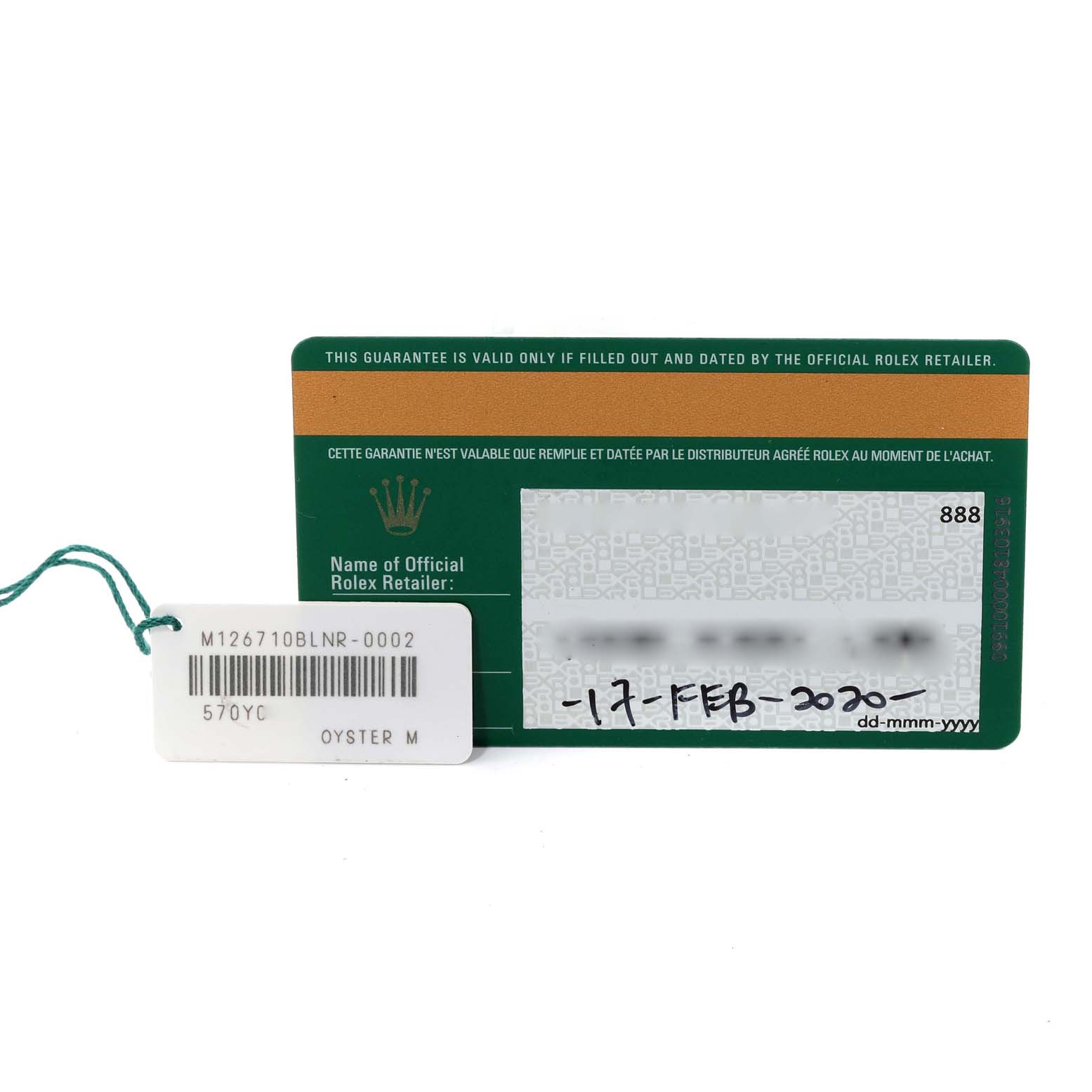 The image shows a guarantee card and tag for the Rolex GMT-Master 126710 Men
s Stainless Steel Black Dial 126710 Men
s Stainless Steel Black Dial watch model.