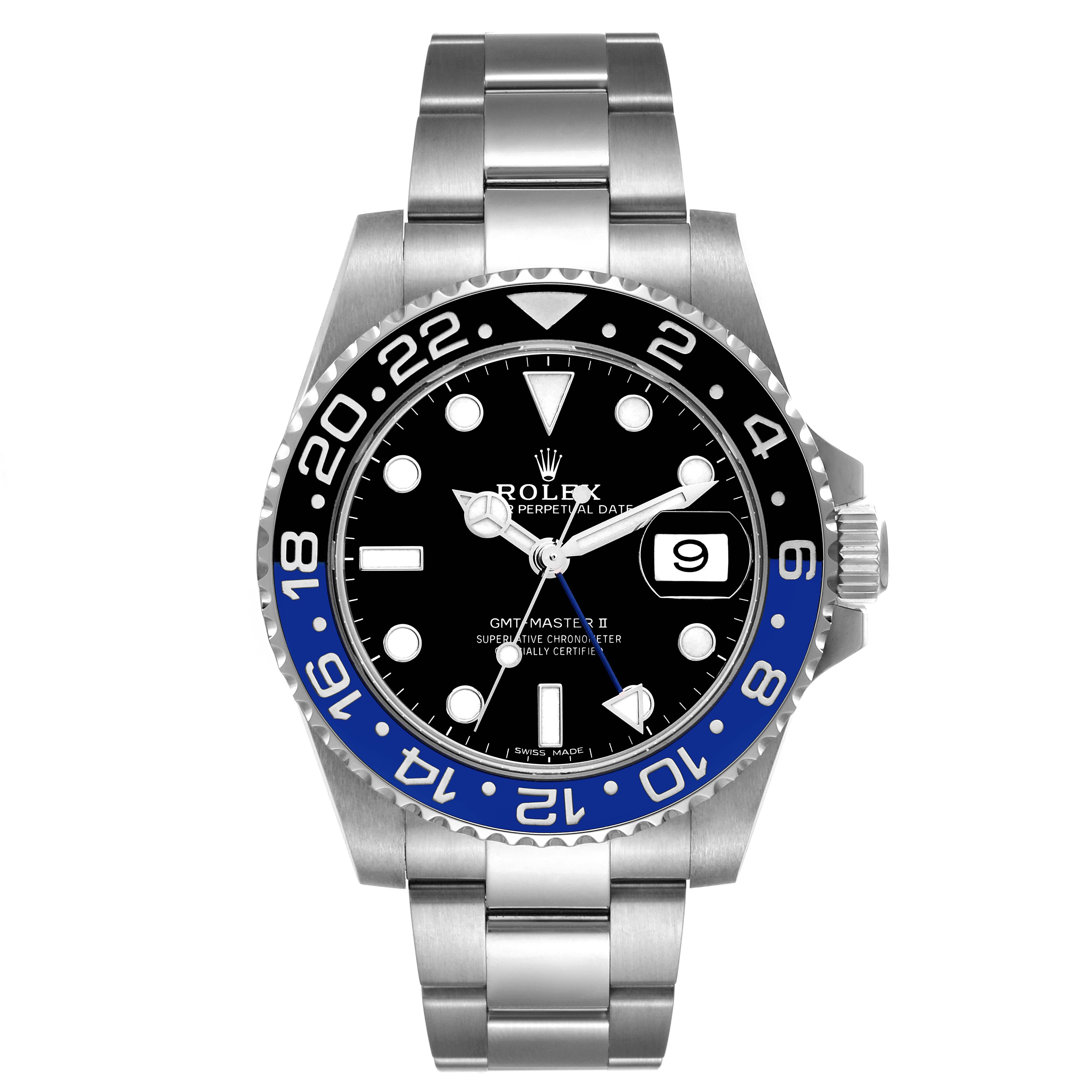 The image shows a Rolex GMT-Master 116710 Men's Stainless Steel Black Dial 116710 Men's Stainless Steel Black Dial II watch with a frontal view, featuring a black and blue bezel, black dial, and stainless steel bracelet.