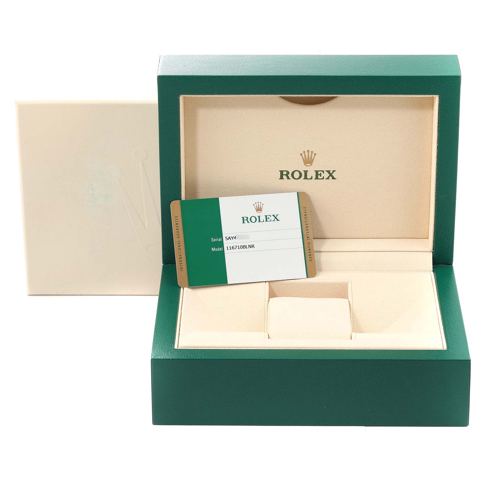 This image shows the open packaging and warranty card for a Rolex GMT-Master 116710 Men's Stainless Steel Black Dial 116710 Men's Stainless Steel Black Dial watch.