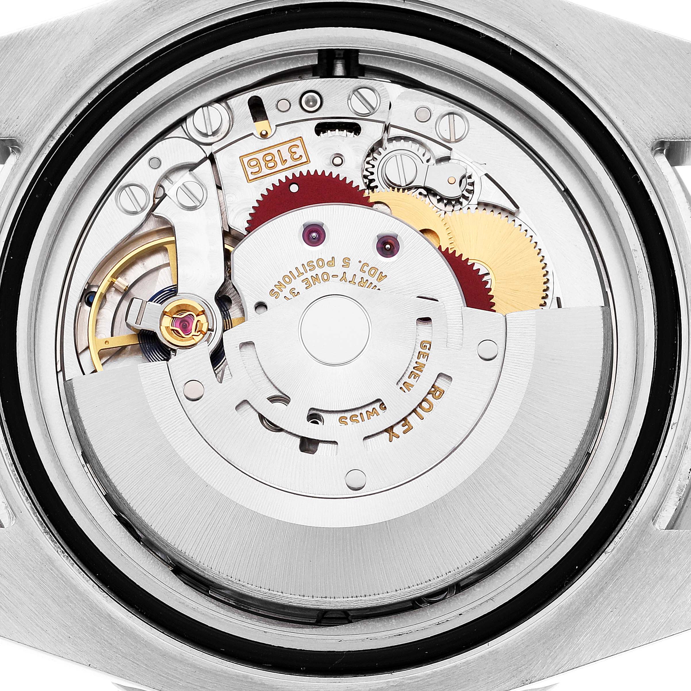 This image shows the intricate internal movement mechanism of a Rolex GMT-Master 116710 Men's Stainless Steel Black Dial 116710 Men's Stainless Steel Black Dial watch from a rear view, highlighting gears and components.