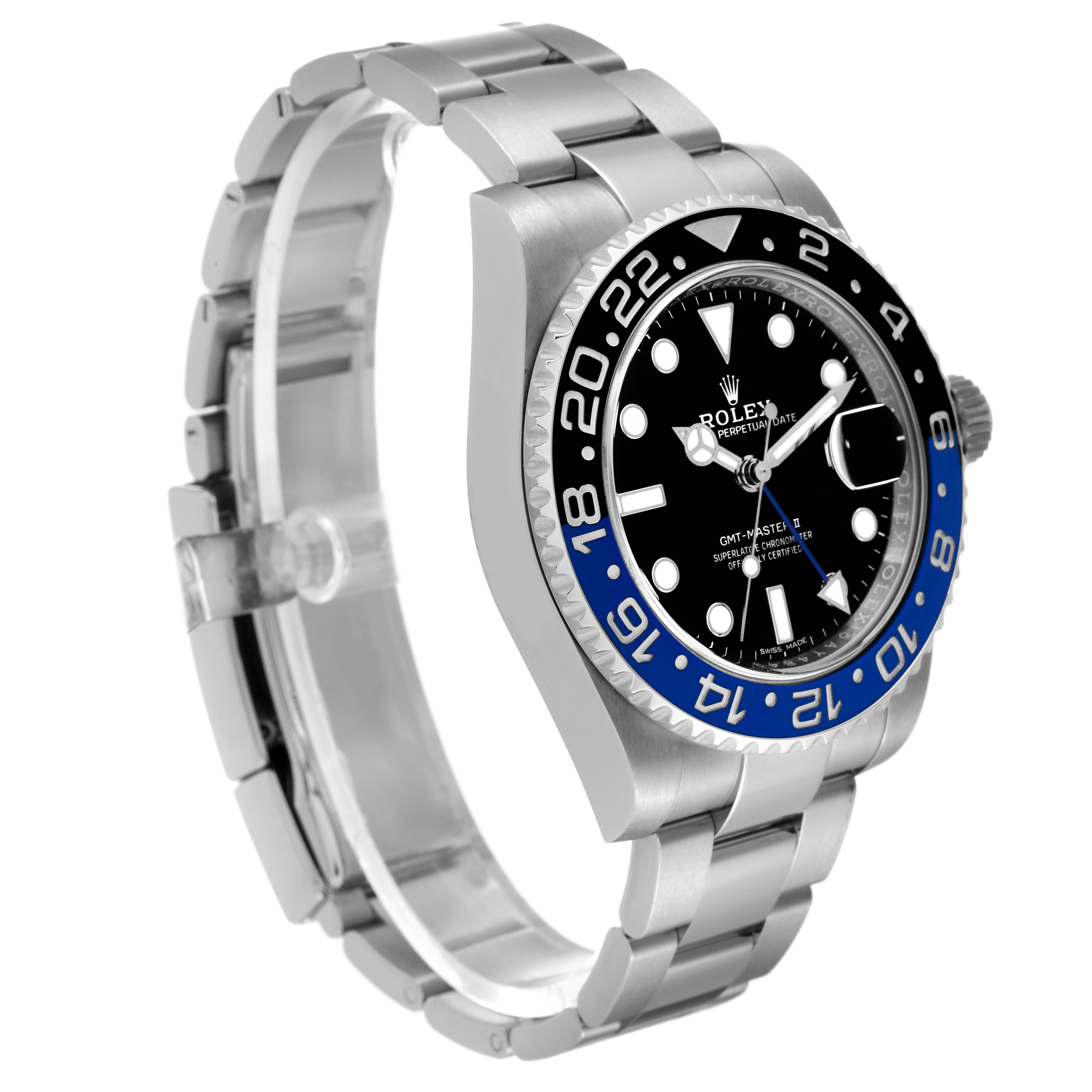 The image shows a side angle of a Rolex GMT-Master 116710 Men's Stainless Steel Black Dial 116710 Men's Stainless Steel Black Dial watch, highlighting the face, bezel, and stainless steel bracelet.