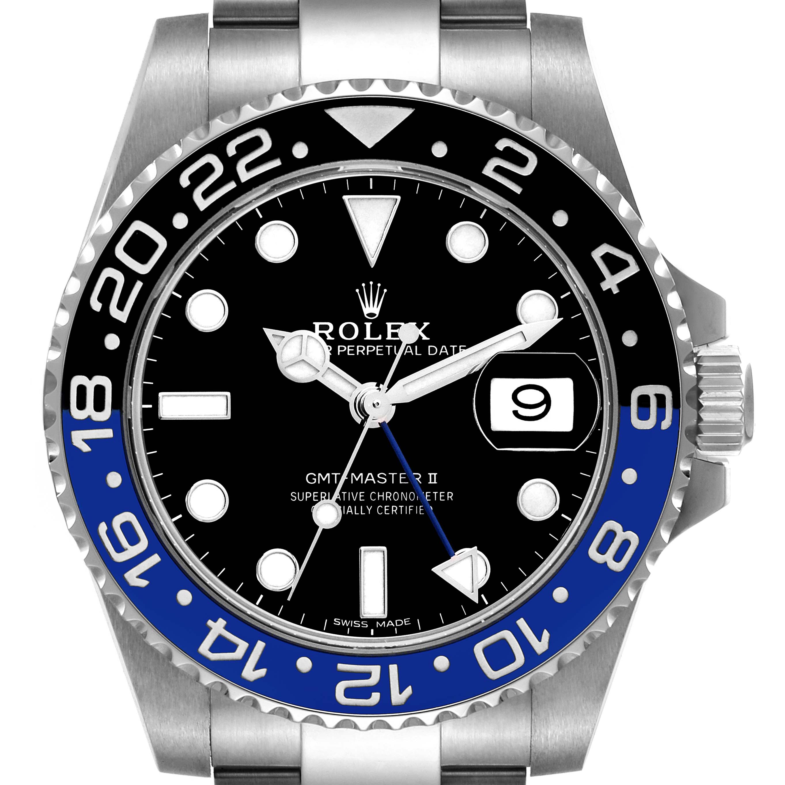 This image shows a front view of a Rolex GMT-Master 116710 Men's Stainless Steel Black Dial 116710 Men's Stainless Steel Black Dial II watch, highlighting its dial, bezel, hands, and date display.