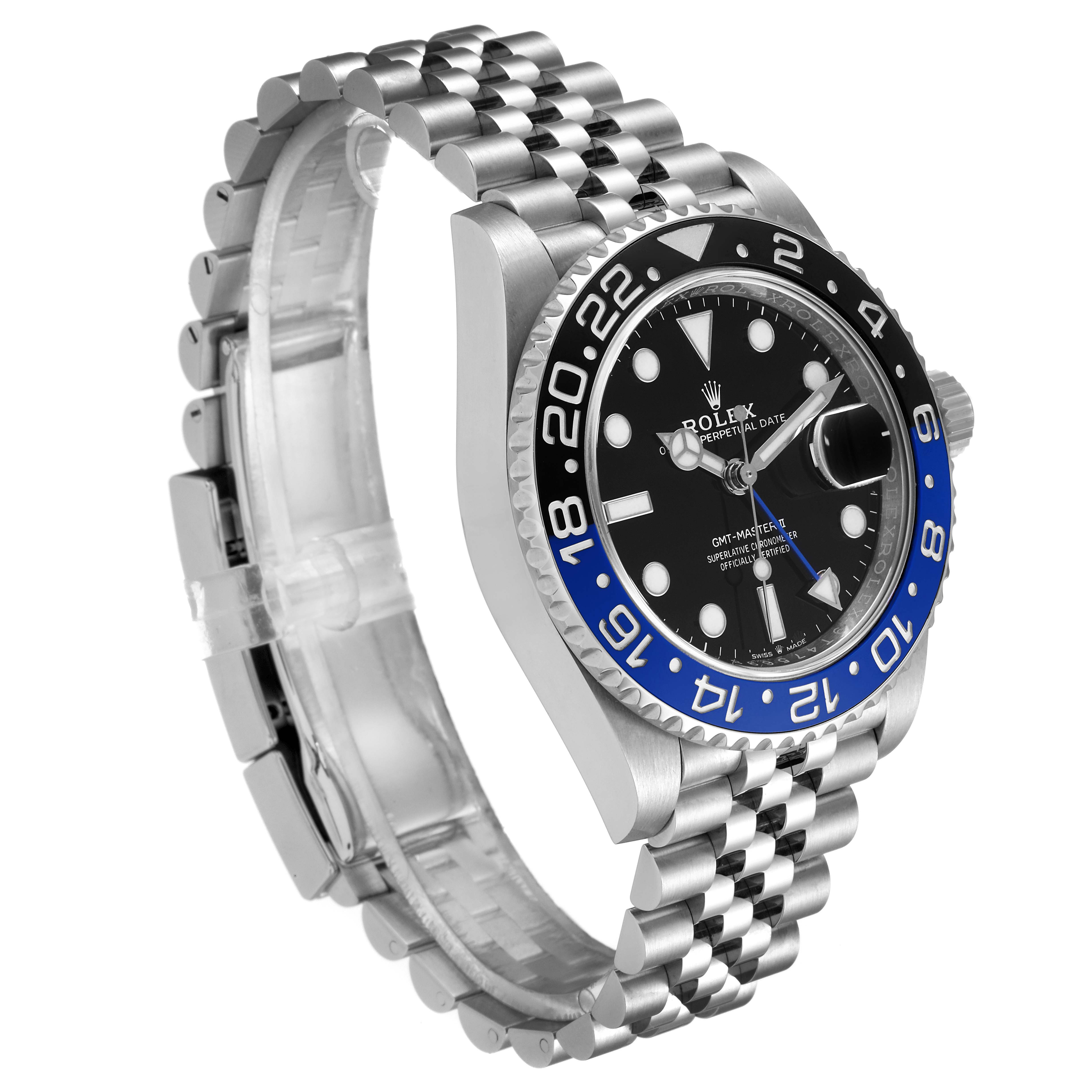 This image shows a side angle of the Rolex GMT-Master 126710 Men
s Stainless Steel Black Dial 126710 Men
s Stainless Steel Black Dial watch, displaying its bezel, dial, and Jubilee bracelet.