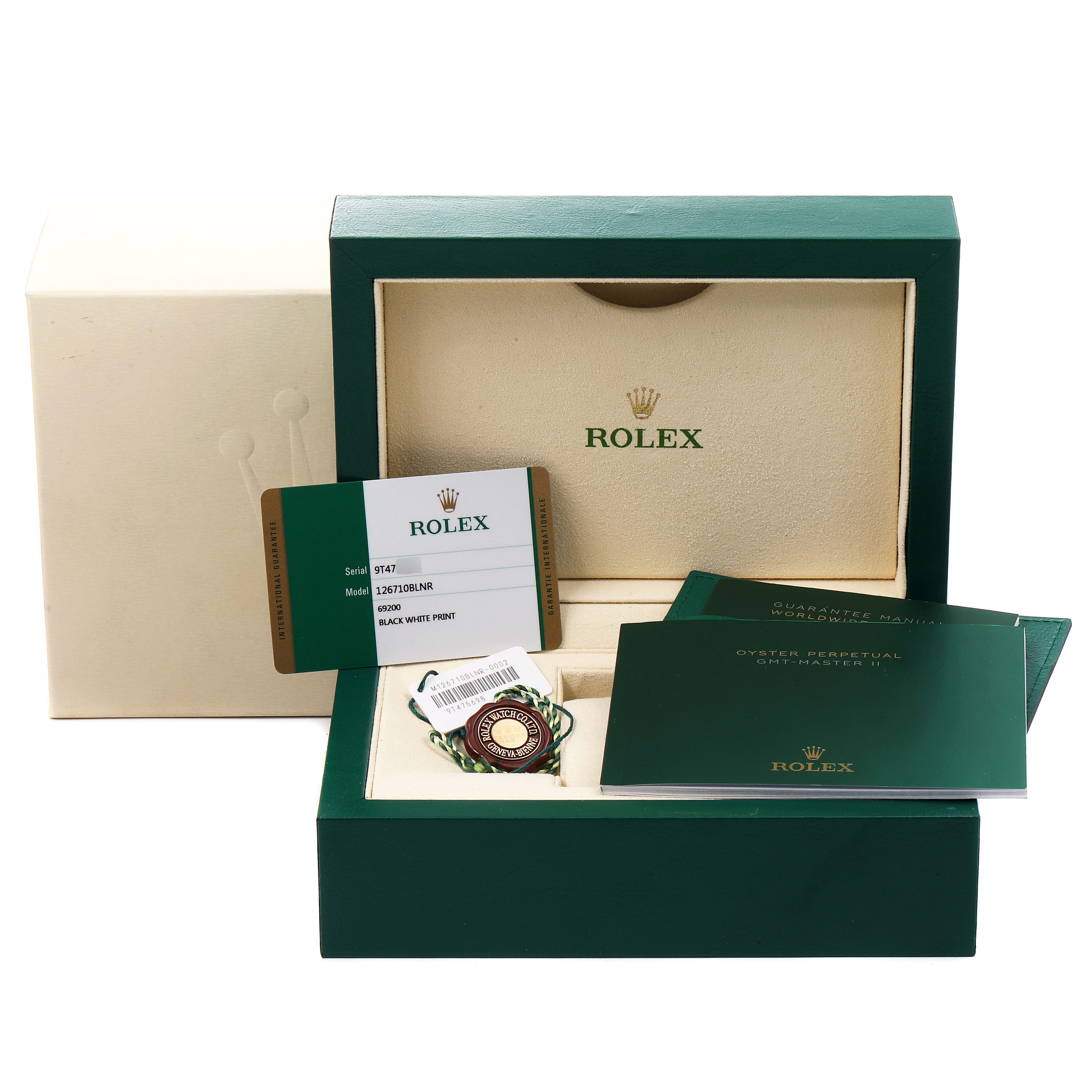 The image shows the box, warranty card, and manuals for the Rolex GMT-Master 126710 Men
s Stainless Steel Black Dial 126710 Men
s Stainless Steel Black Dial model, along with an Best Quality
ity tag.