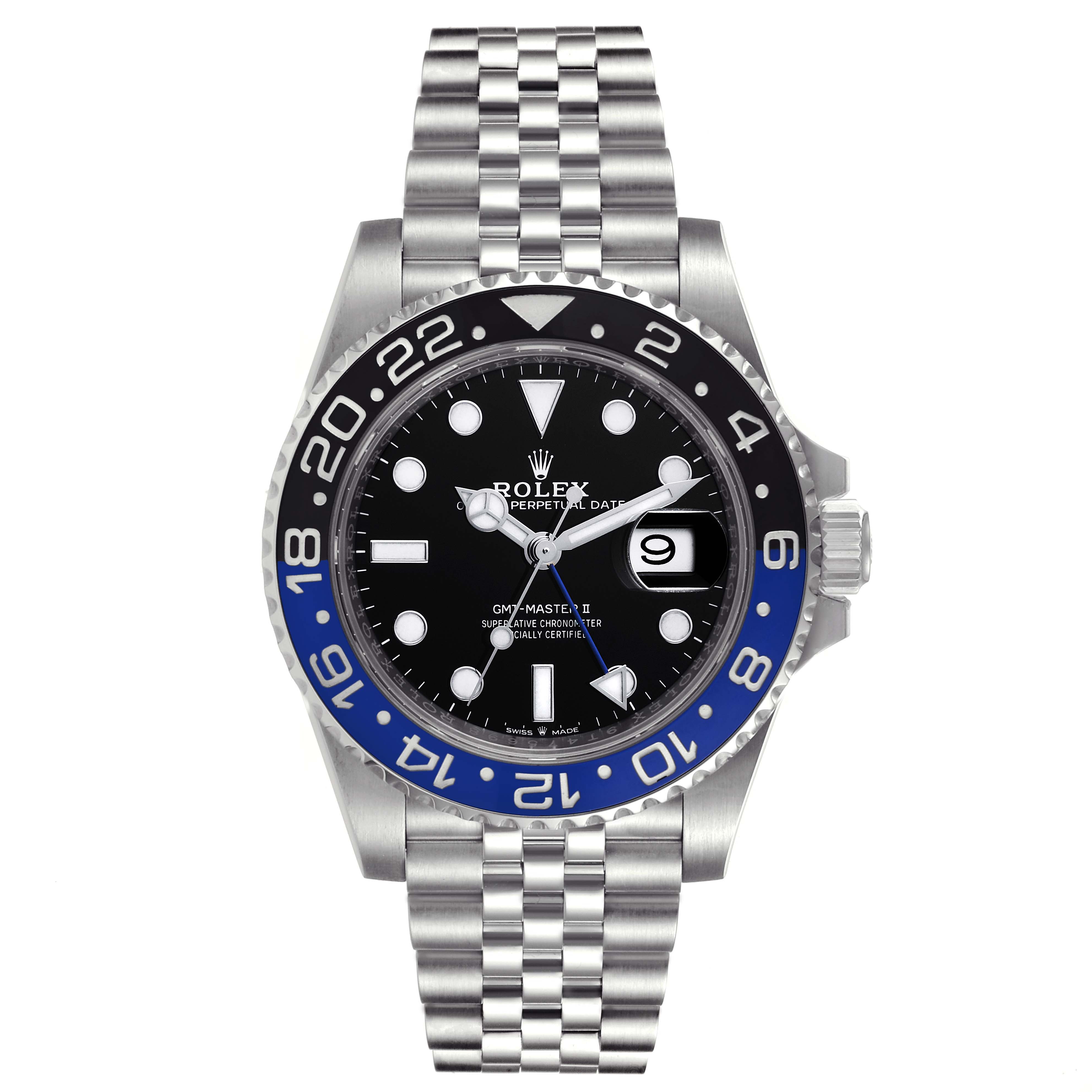 This Rolex GMT-Master 126710 Men
s Stainless Steel Black Dial 126710 Men
s Stainless Steel Black Dial watch is shown from a front angle, highlighting the face, bezel, and Jubilee bracelet.