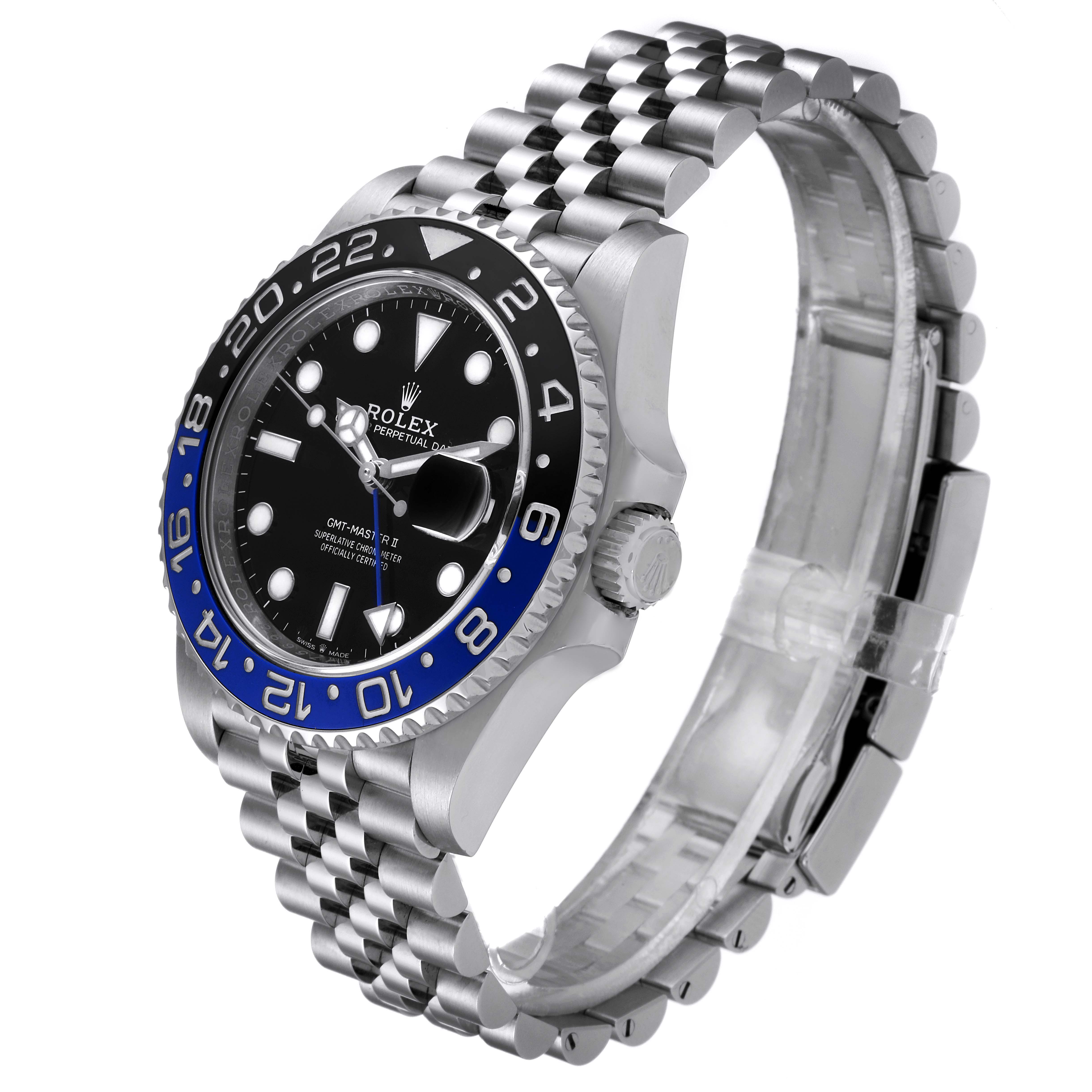 The image shows a Rolex GMT-Master 126710 Men
s Stainless Steel Black Dial 126710 Men
s Stainless Steel Black Dial with a black and blue bezel, silver crown, and jubilee bracelet, viewed at an angle.