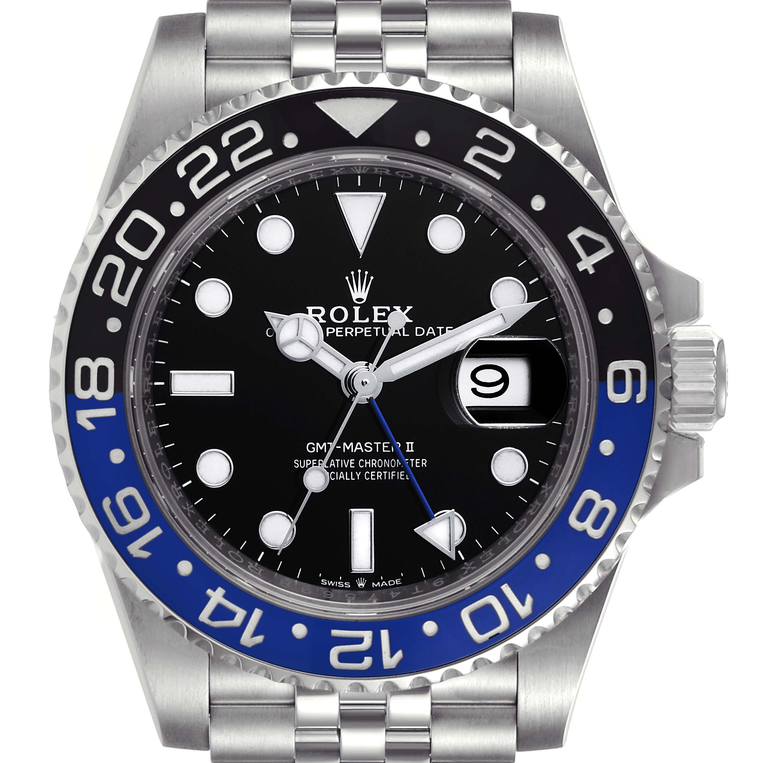 The image shows a front view of the Rolex GMT-Master 126710 Men
s Stainless Steel Black Dial 126710 Men
s Stainless Steel Black Dial II watch, displaying the bezel, dial, hands, and crown.