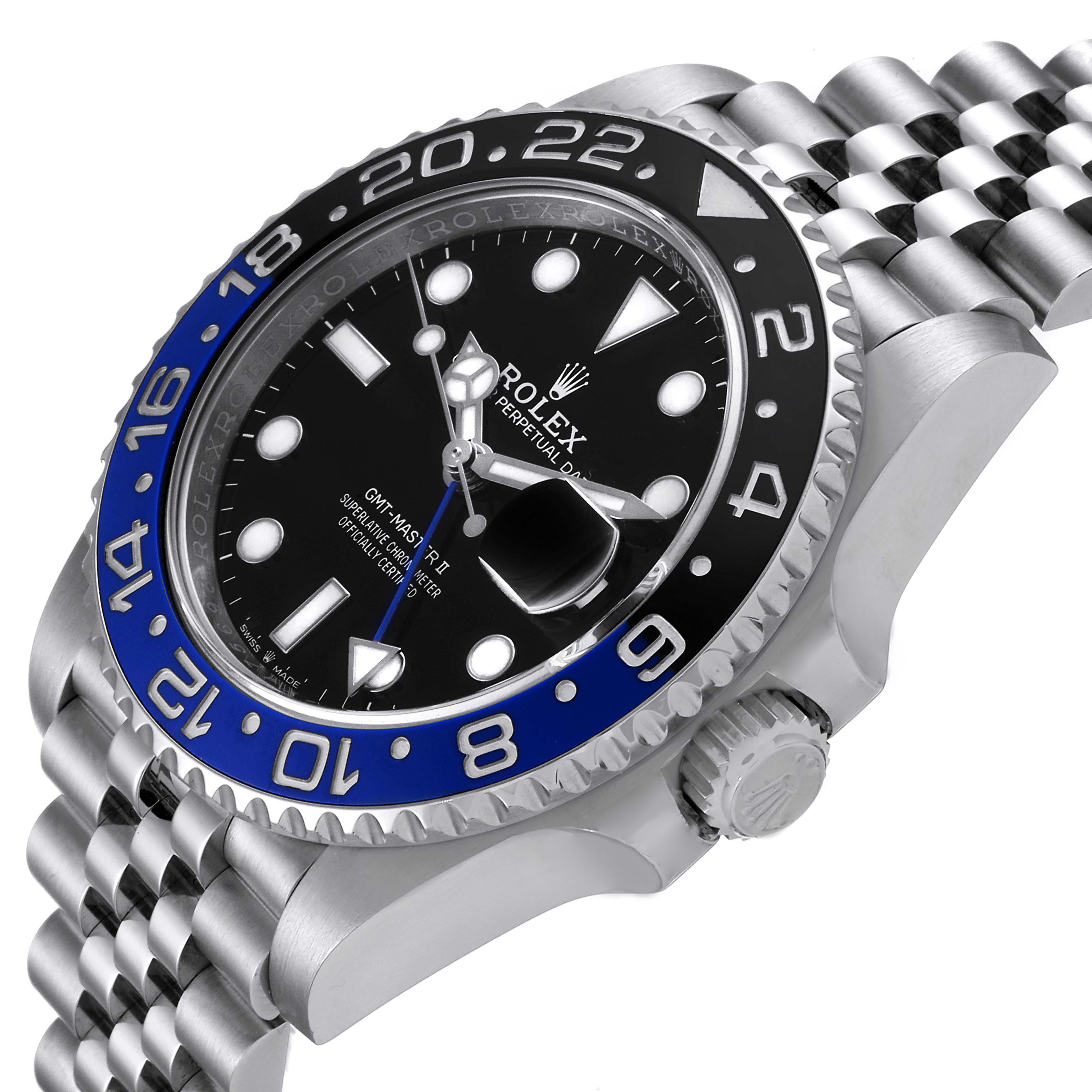 This image shows a close-up oblique angle of the Rolex GMT-Master 126710 Men
s Stainless Steel Black Dial 126710 Men
s Stainless Steel Black Dial watch, focusing on the bezel, dial, crown, and part of the bracelet.