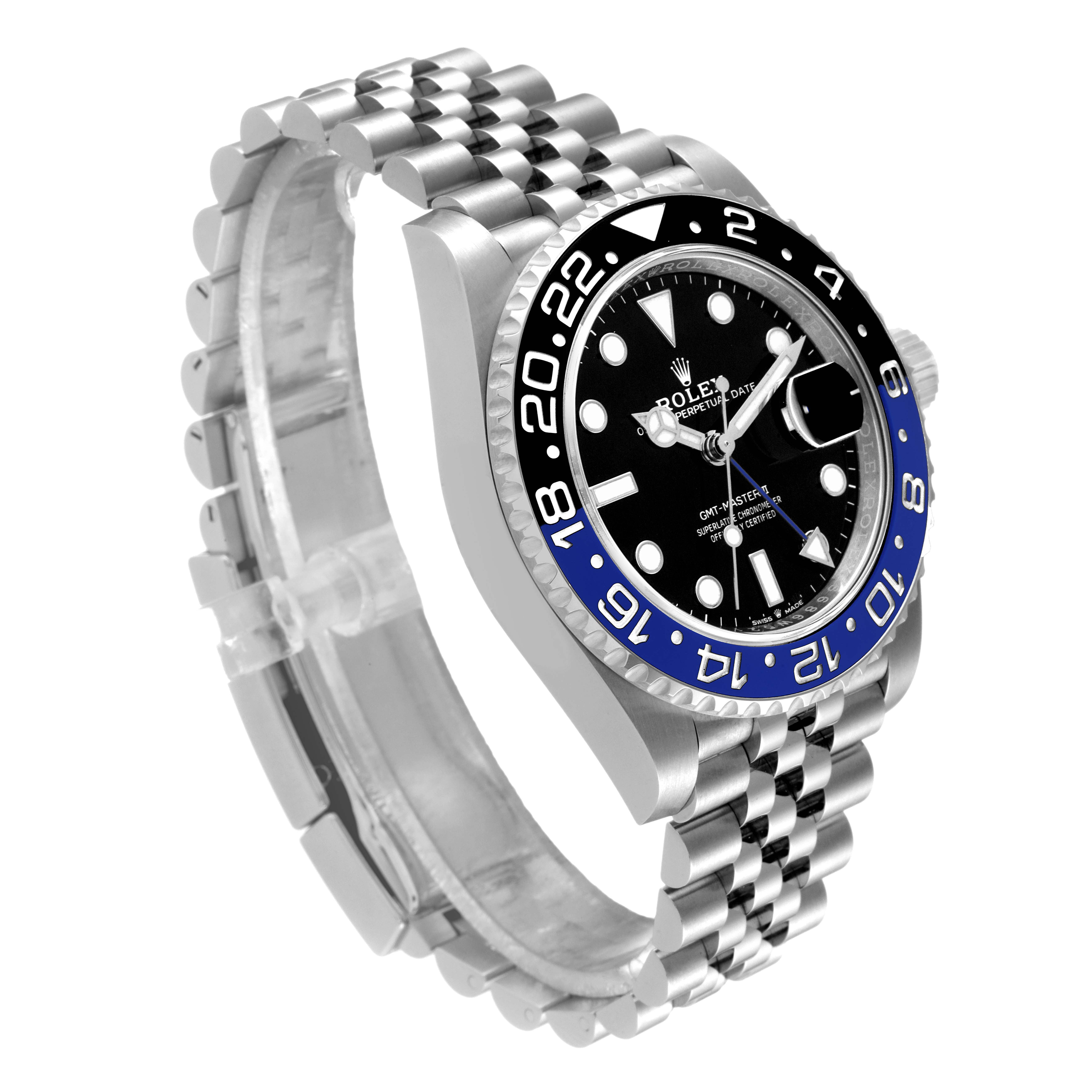 The image shows a Rolex GMT-Master 126710 Men
s Stainless Steel Black Dial 126710 Men
s Stainless Steel Black Dial watch at an angled side view, highlighting its bezel, dial, and jubilee bracelet.