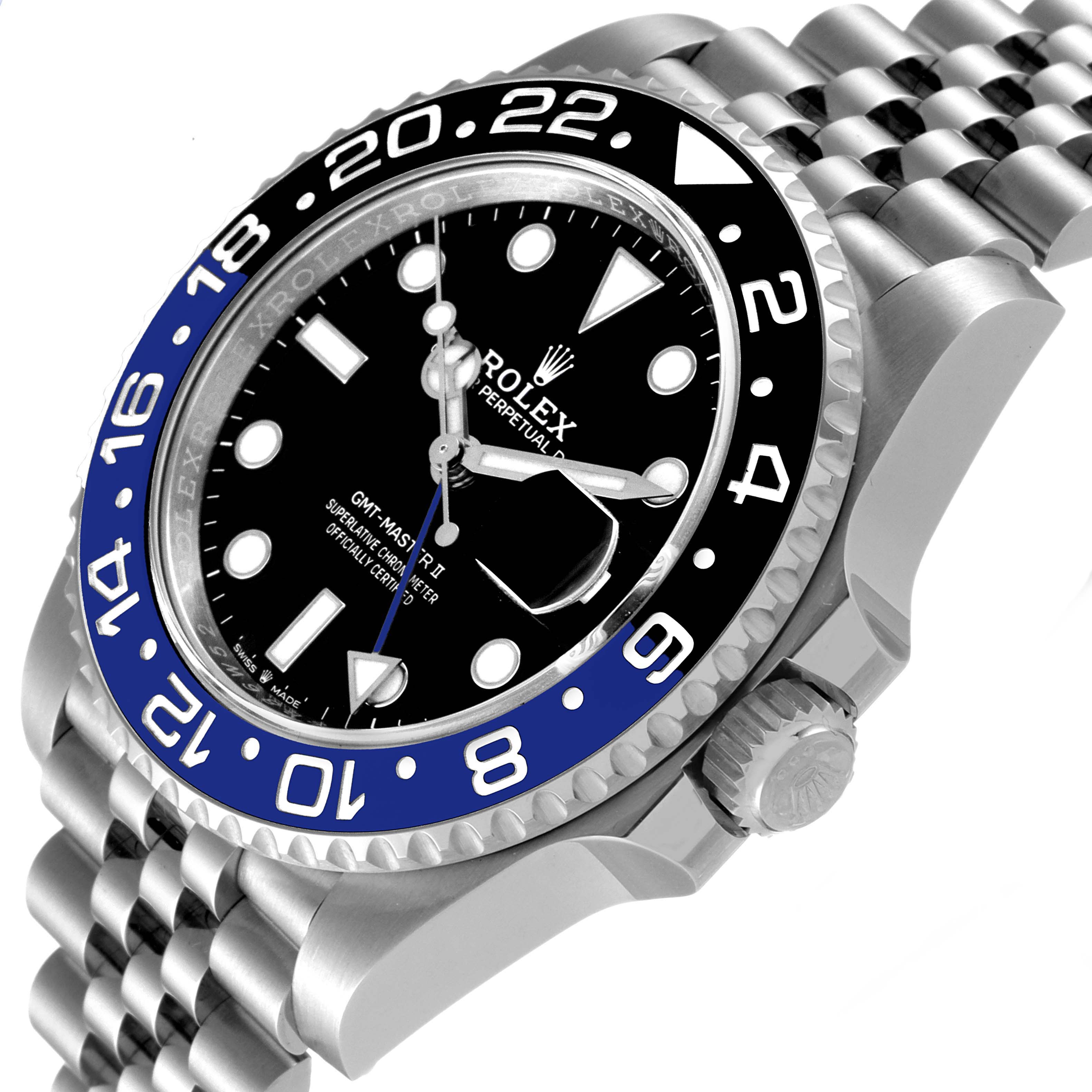 The image shows a close-up angled view of the Rolex GMT-Master 126710 Men
s Stainless Steel Black Dial 126710 Men
s Stainless Steel Black Dial II watch, highlighting the bezel, dial, and crown.