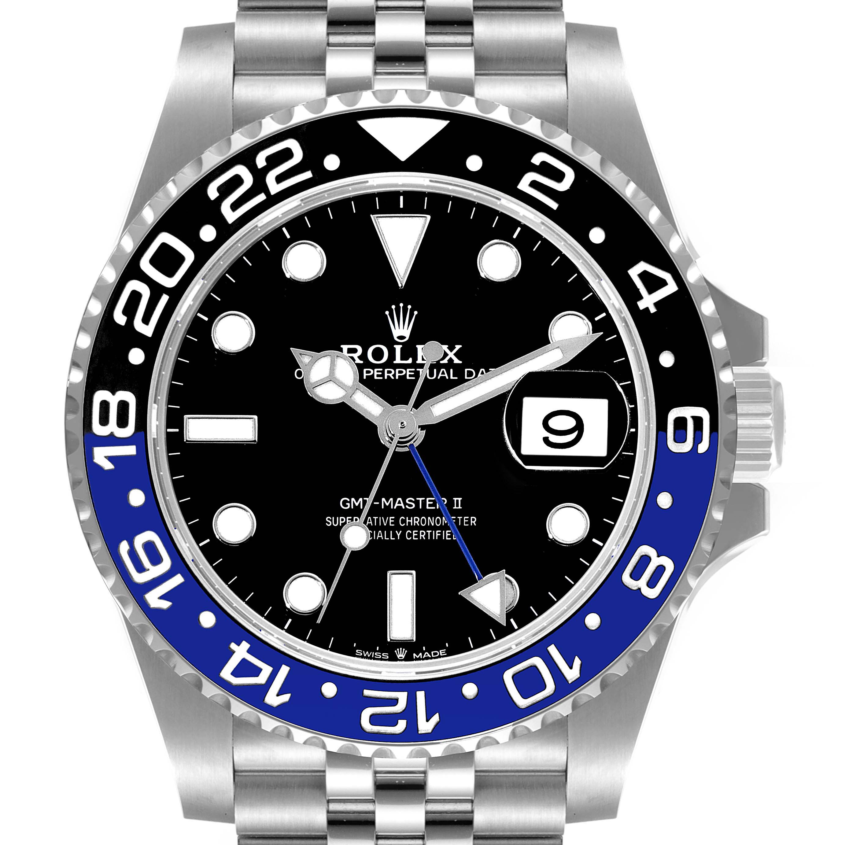 The image shows a front view of the Rolex GMT-Master 126710 Men
s Stainless Steel Black Dial 126710 Men
s Stainless Steel Black Dial II watch, highlighting its bezel, dial, hands, and bracelet.
