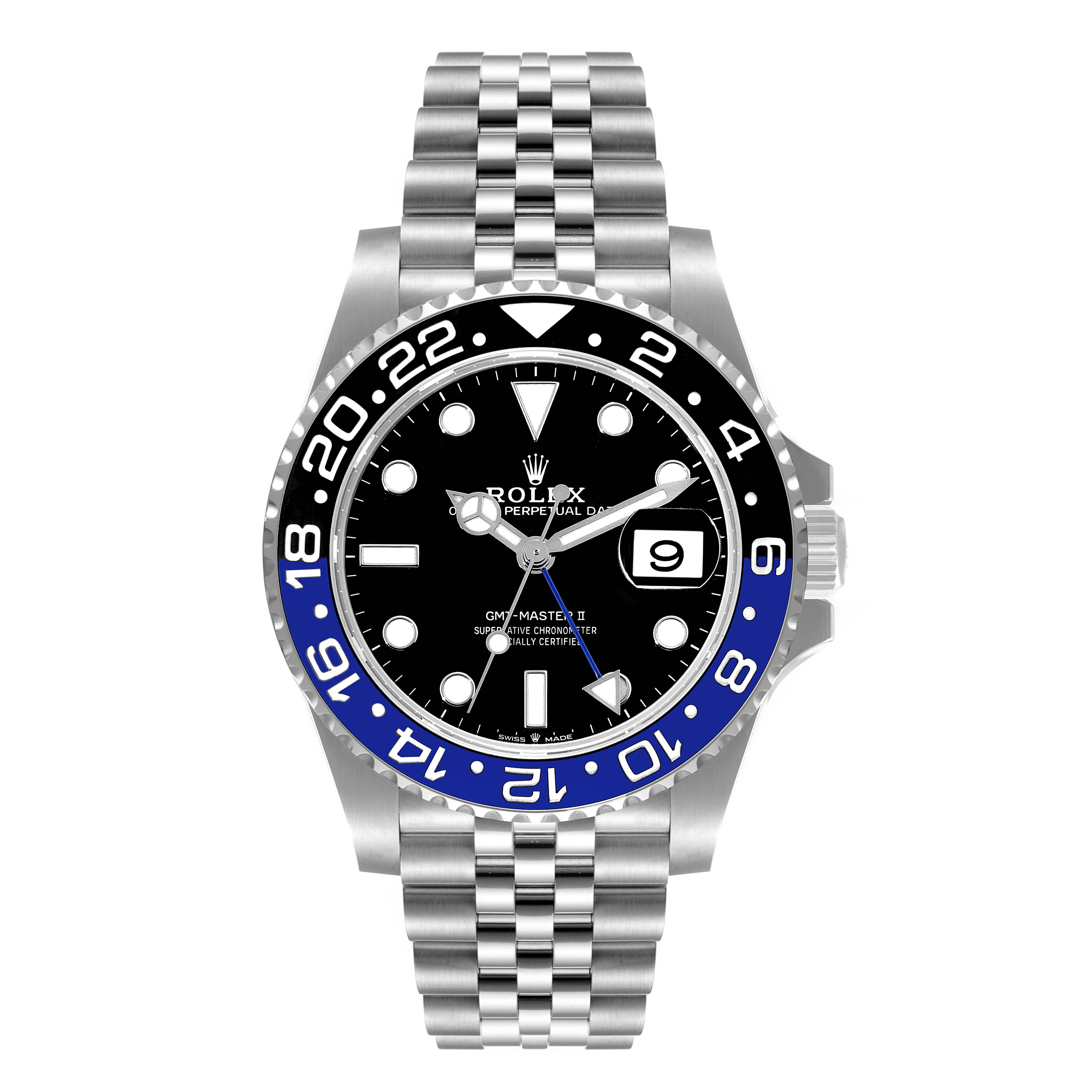 The image shows a front-view angle of the Rolex GMT-Master 126710 Men
s Stainless Steel Black Dial 126710 Men
s Stainless Steel Black Dial II watch, displaying the dial, bezel, and bracelet.