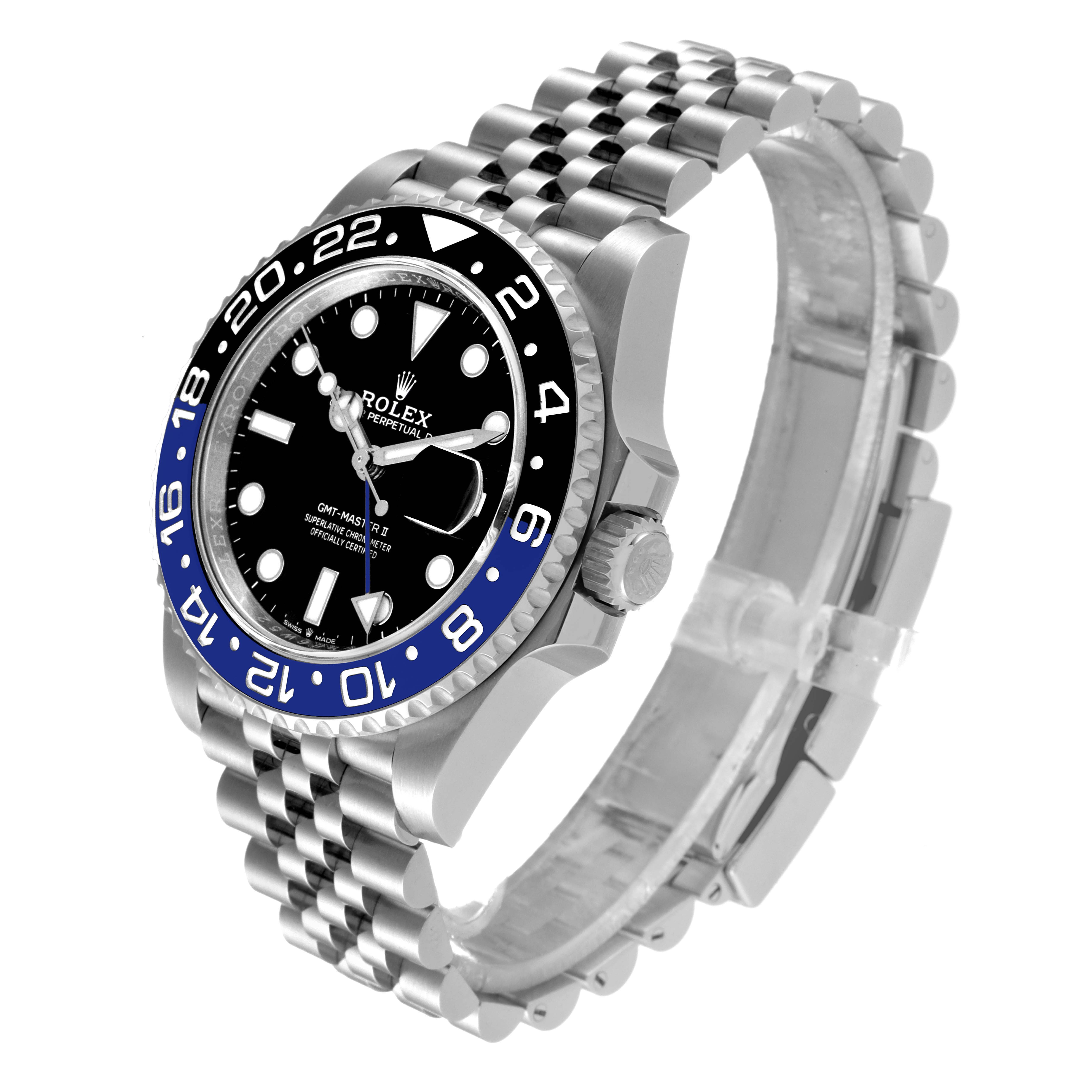 The Rolex GMT-Master 126710 Men
s Stainless Steel Black Dial 126710 Men
s Stainless Steel Black Dial watch is shown from a slight side angle, highlighting its face, bezel, crown, and Jubilee bracelet.