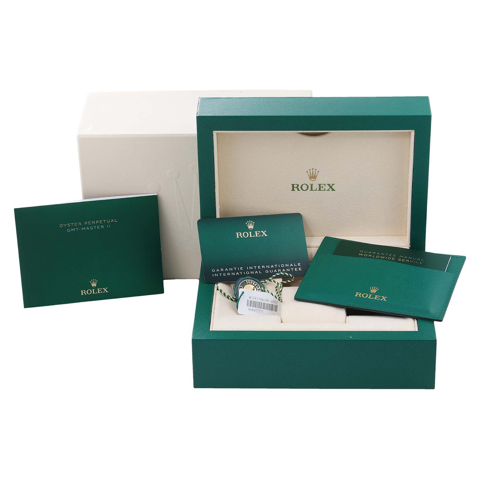 The image shows the packaging, manual, guarantee card, and tags for a Rolex GMT-Master 126710 Men
s Stainless Steel Black Dial 126710 Men
s Stainless Steel Black Dial II watch.