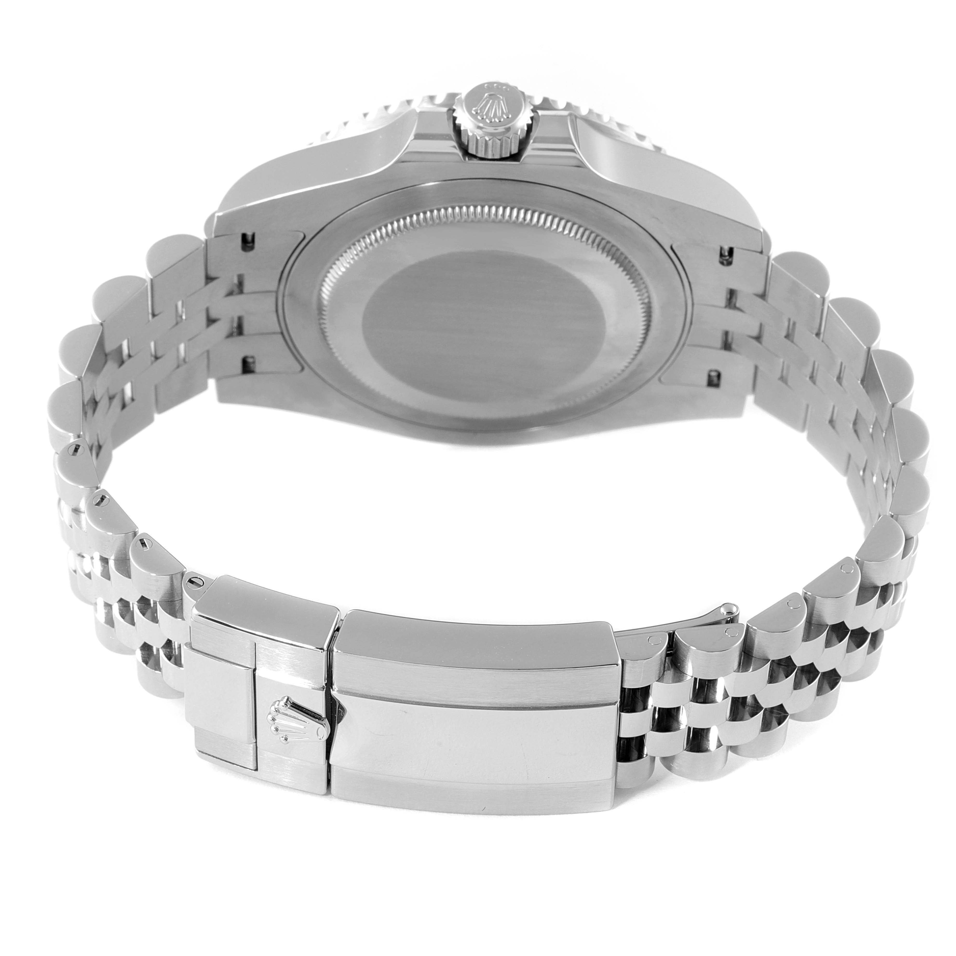 This image shows the Rolex GMT-Master 126710 Men
s Stainless Steel Black Dial 126710 Men
s Stainless Steel Black Dial watch from the back, highlighting the case back and bracelet clasp.