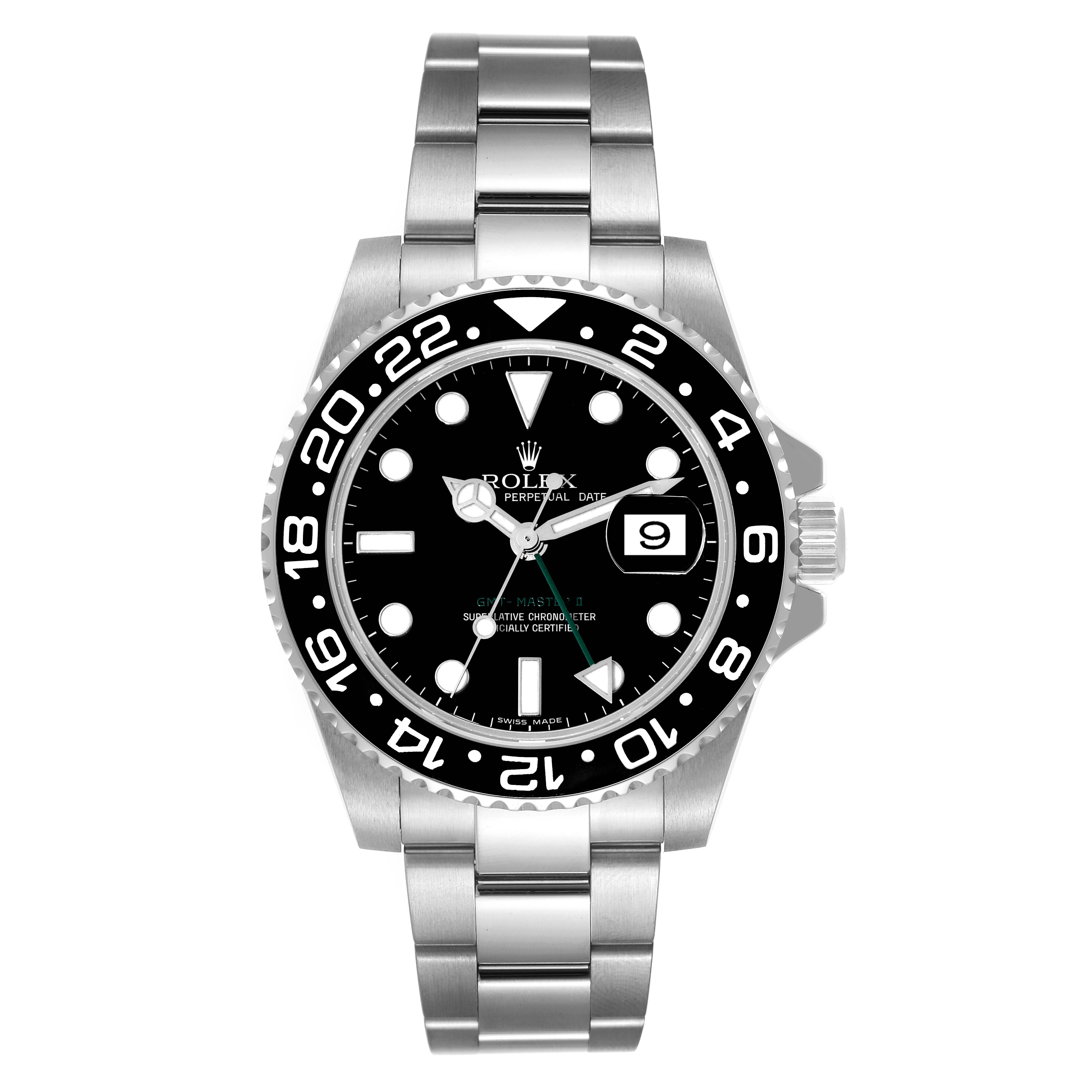 The image shows a frontal view of a Rolex GMT-Master 116710 Men's Stainless Steel Black Dial 116710 Men's Stainless Steel Black Dial watch, displaying the bezel, dial, hands, bracelet, and date window.
