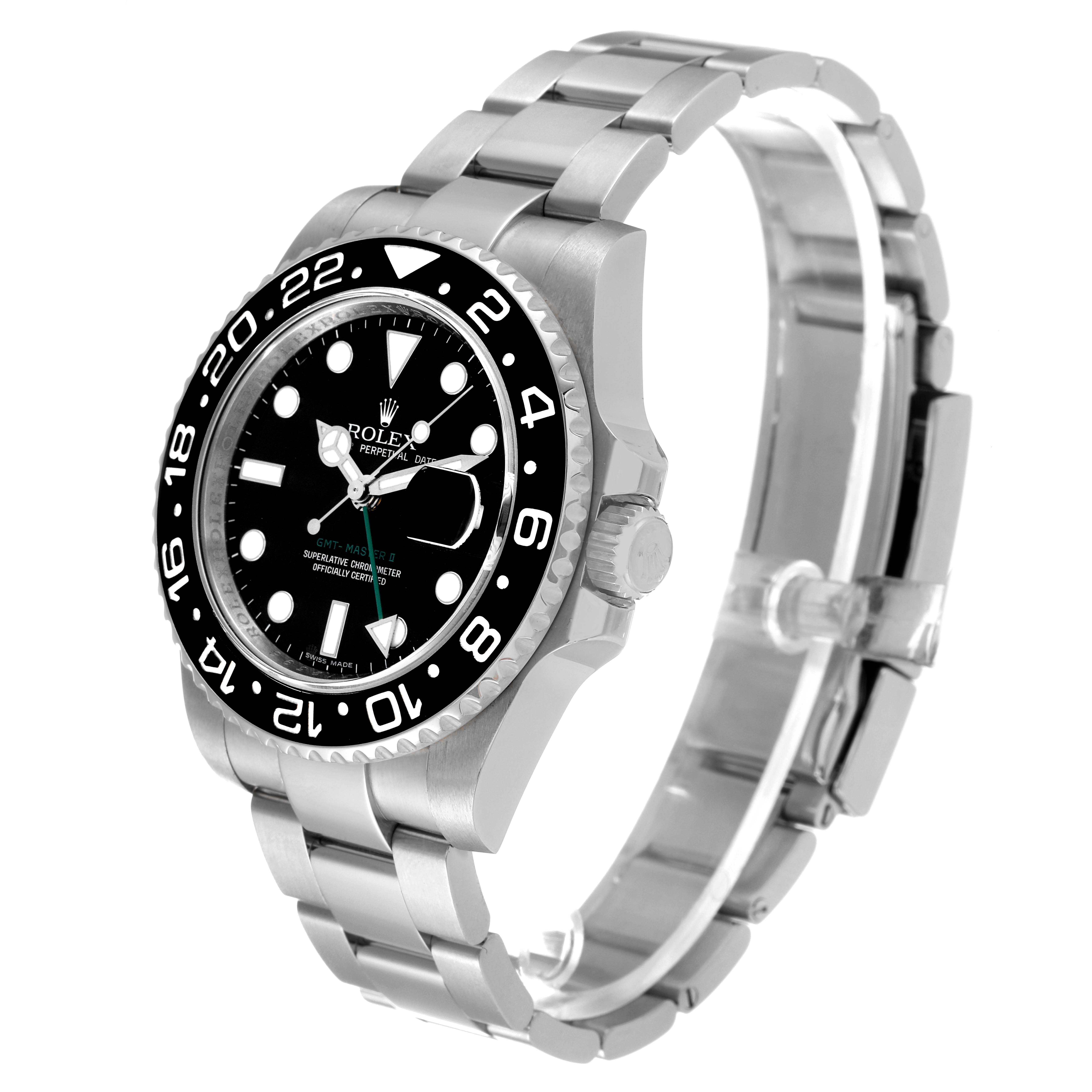This image shows a Rolex GMT-Master 116710 Men's Stainless Steel Black Dial 116710 Men's Stainless Steel Black Dial watch angled to display its face, bezel, and metal bracelet.