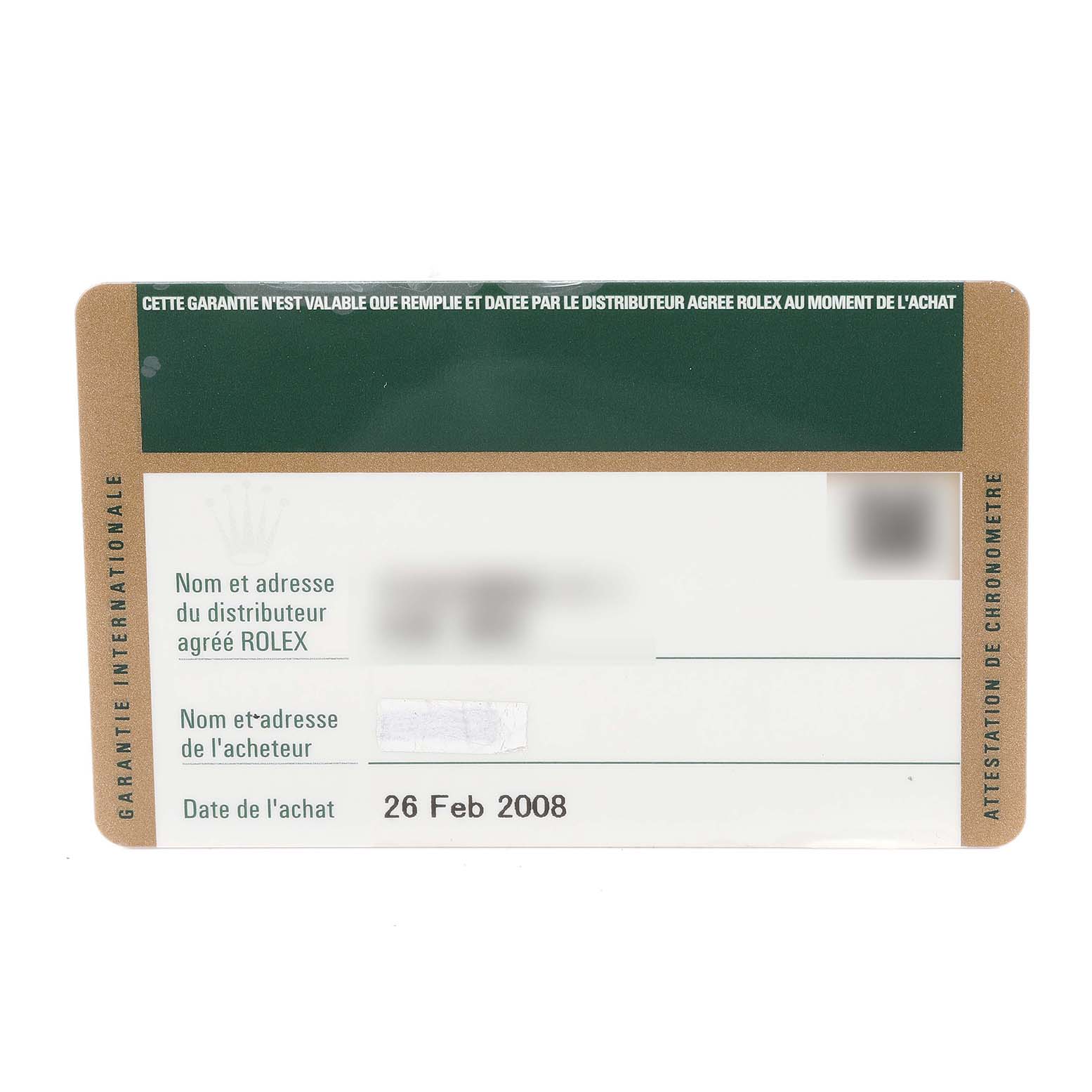 This image shows a warranty card for the Rolex GMT-Master 116710 Men's Stainless Steel Black Dial 116710 Men's Stainless Steel Black Dial watch, detailing purchase information and dealer credentials.