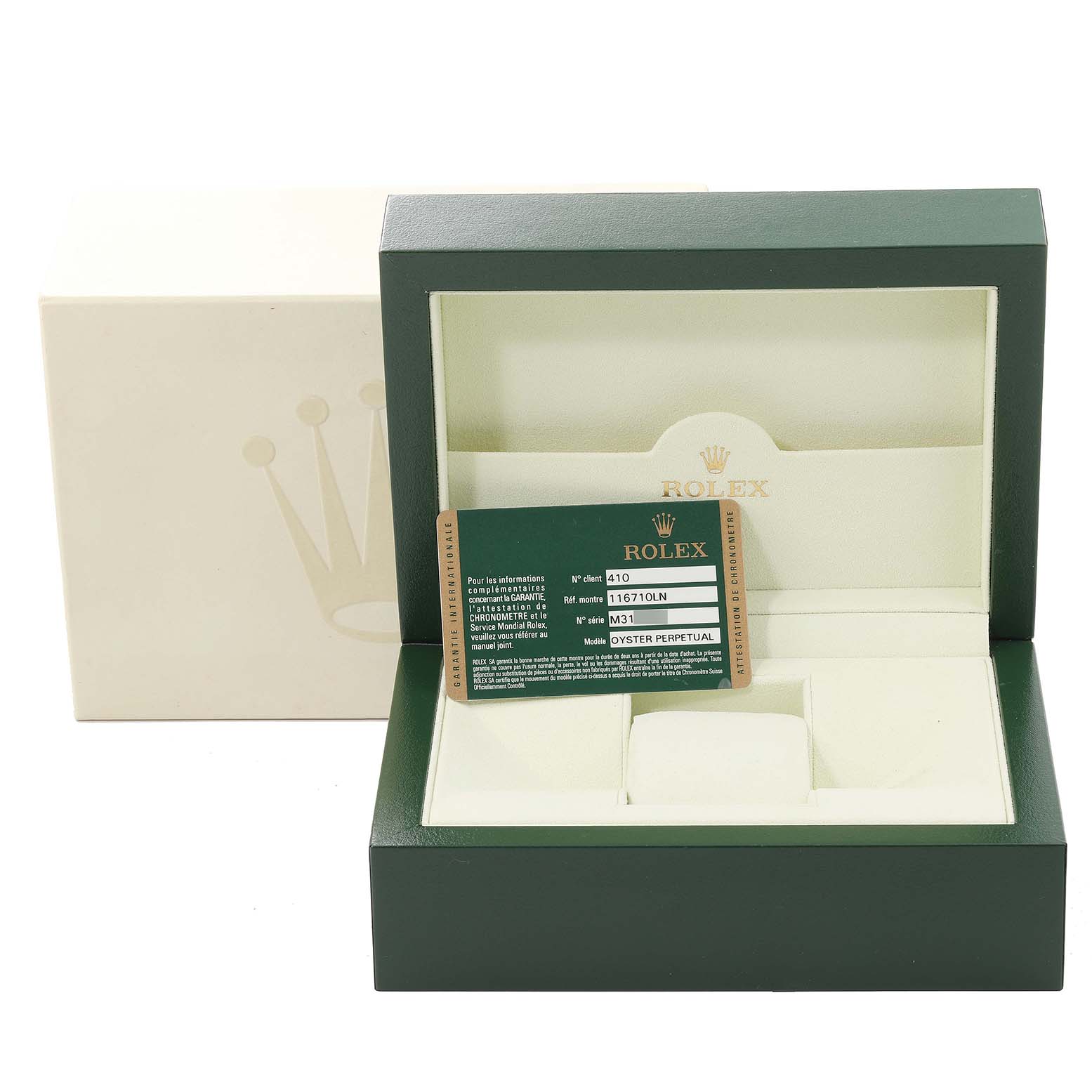 The image shows a green Rolex GMT-Master 116710 Men's Stainless Steel Black Dial 116710 Men's Stainless Steel Black Dial watch box with an authentication card, viewed from the front.