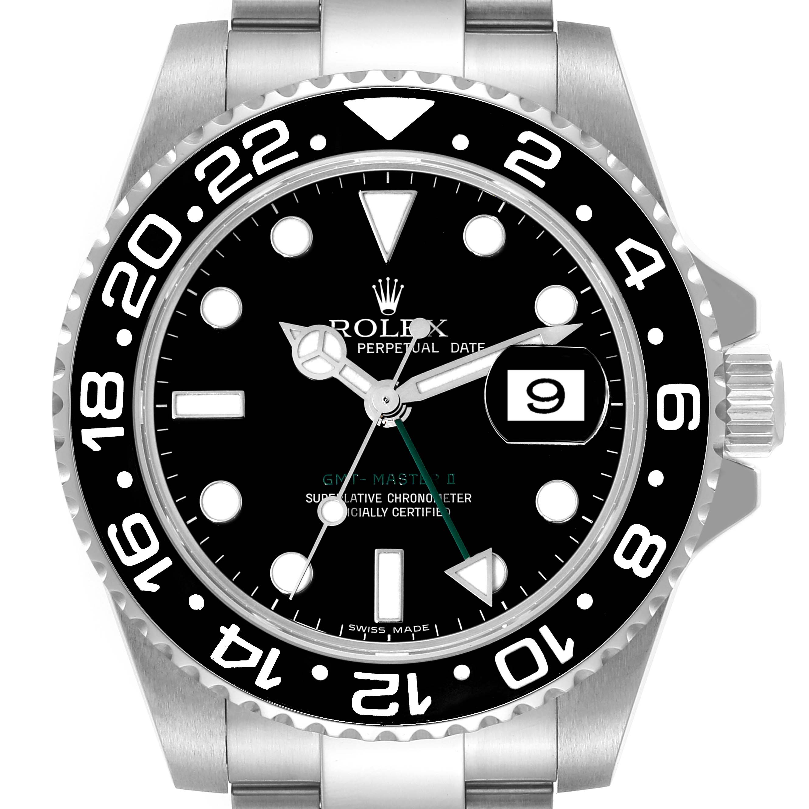 This Rolex GMT-Master 116710 Men's Stainless Steel Black Dial 116710 Men's Stainless Steel Black Dial watch is shown from the front, displaying the face, bezel, and part of the stainless steel bracelet.