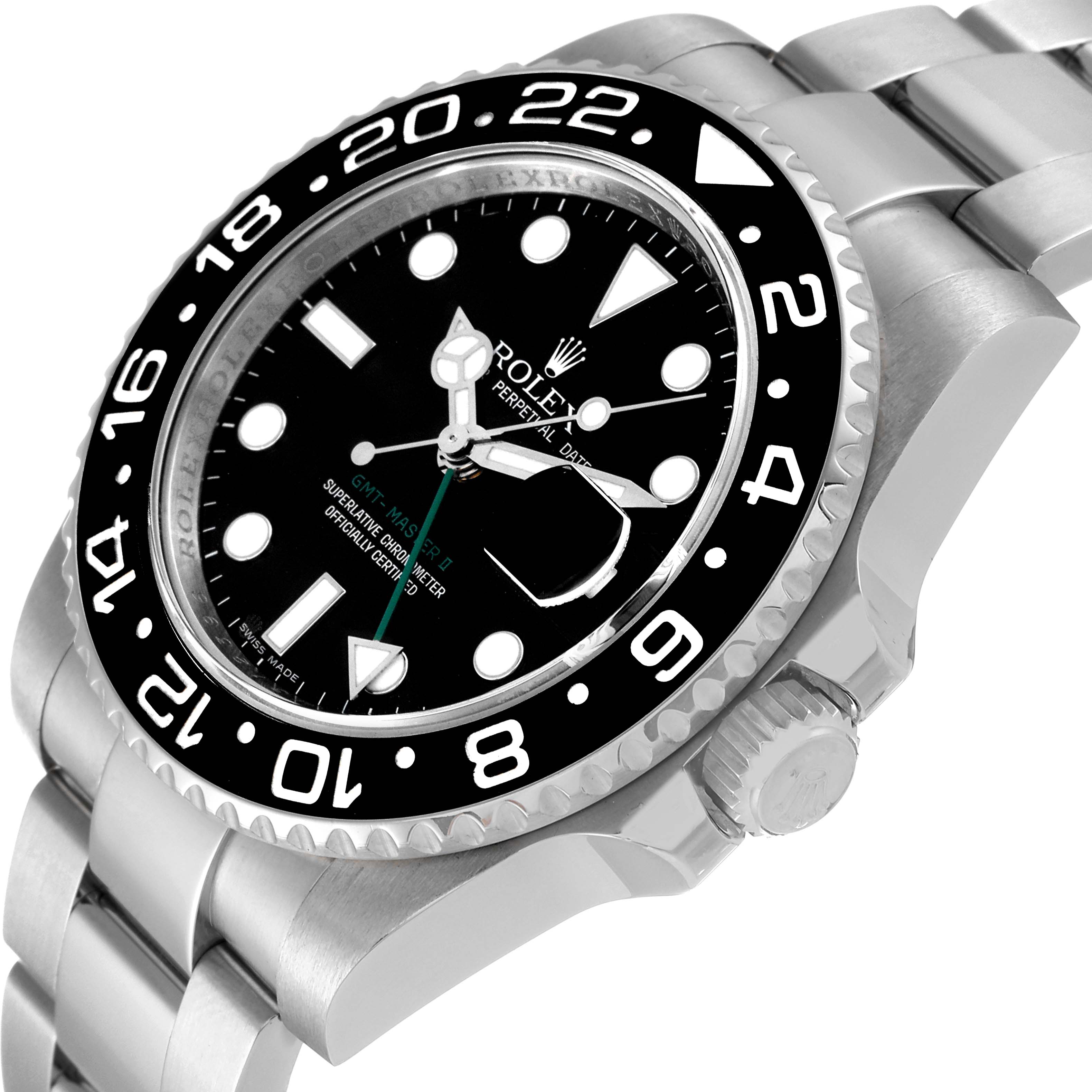 The image shows a close-up of a Rolex GMT-Master 116710 Men's Stainless Steel Black Dial 116710 Men's Stainless Steel Black Dial watch from an angled side view featuring the bezel, dial, and crown.