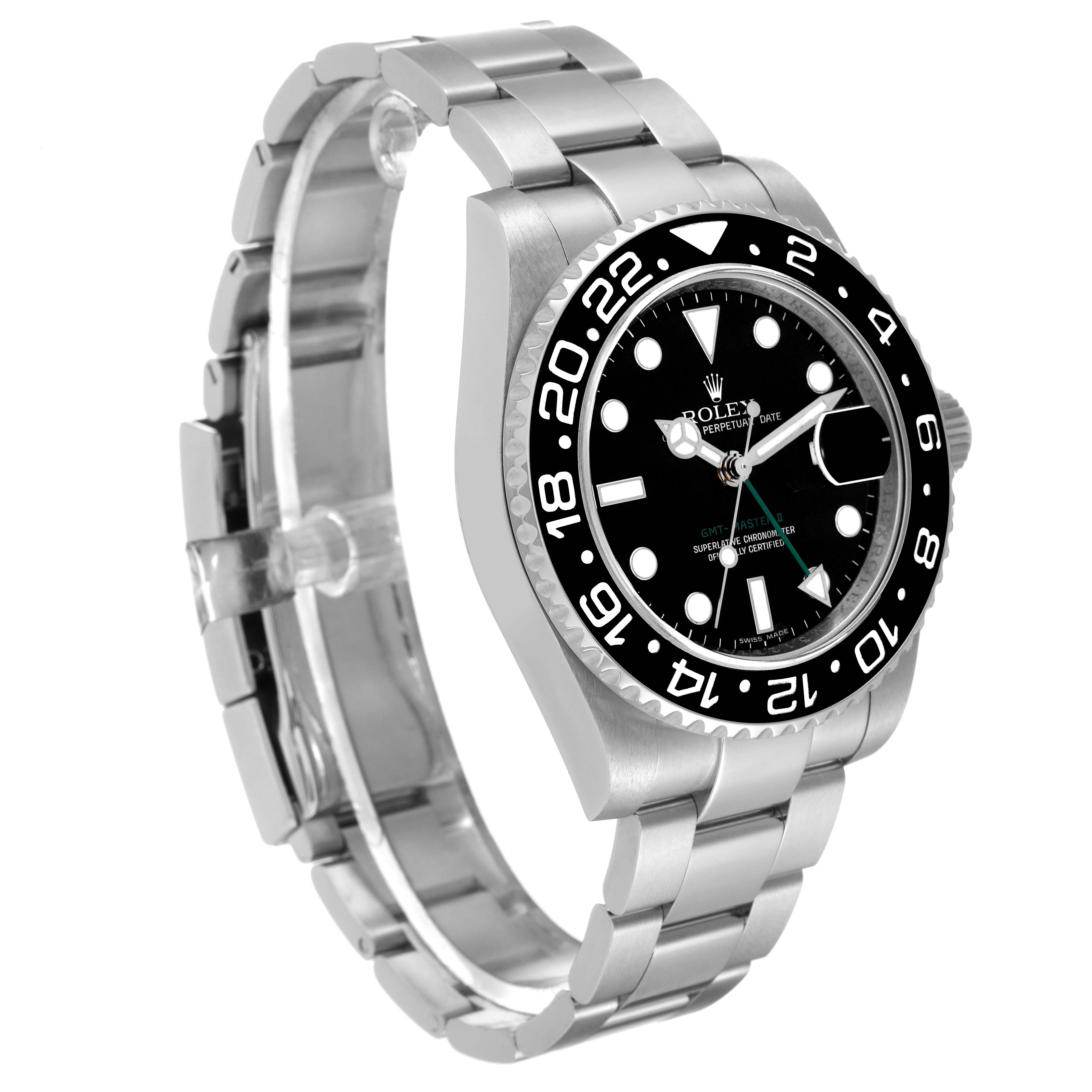 The image shows a side view of the Rolex GMT-Master 116710 Men's Stainless Steel Black Dial 116710 Men's Stainless Steel Black Dial, highlighting its dial, bezel, and bracelet.
