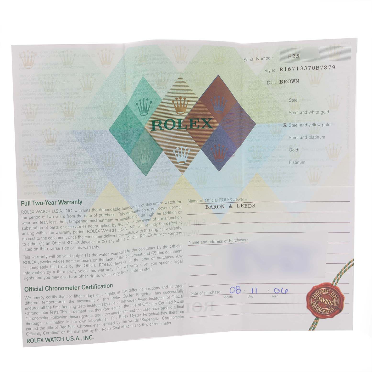 This is a warranty document for the Rolex GMT-Master 16713 Men's Steel and Gold (two tone) Brown Dial 16713 Men's Steel and Gold (two tone) Brown Dial model, displaying warranty information and official chronometer certification details.