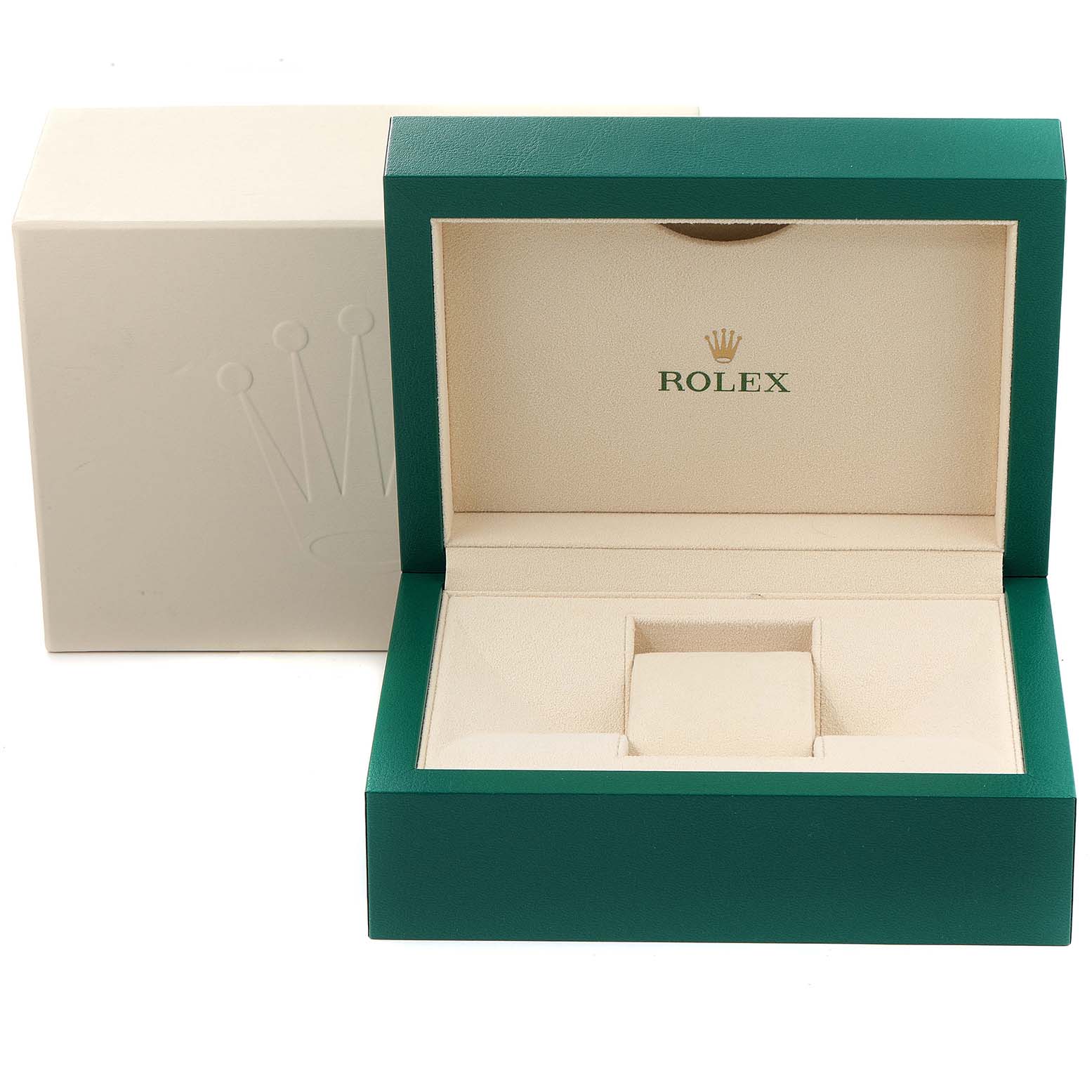 The image shows the open box for a Rolex GMT-Master 126711CHNR Men's Steel and Gold (two tone) Black Dial 126711CHNR Men's Steel and Gold (two tone) Black Dial watch, revealing its inner cushion and green Rolex branding.