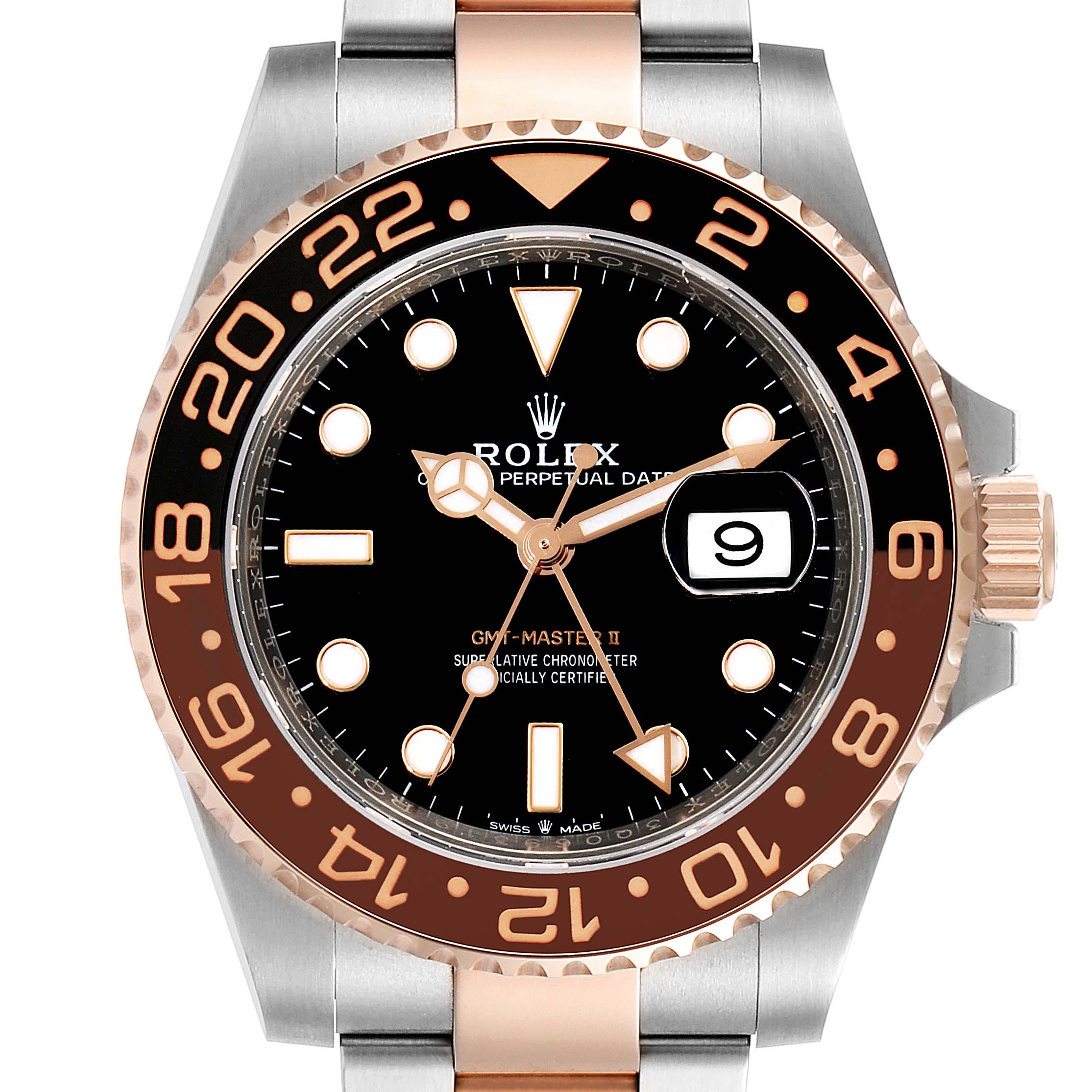 The image shows a frontal view of a Rolex GMT-Master 126711CHNR Men's Steel and Gold (two tone) Black Dial 126711CHNR Men's Steel and Gold (two tone) Black Dial II watch, highlighting the bezel, dial, hands, and date window.