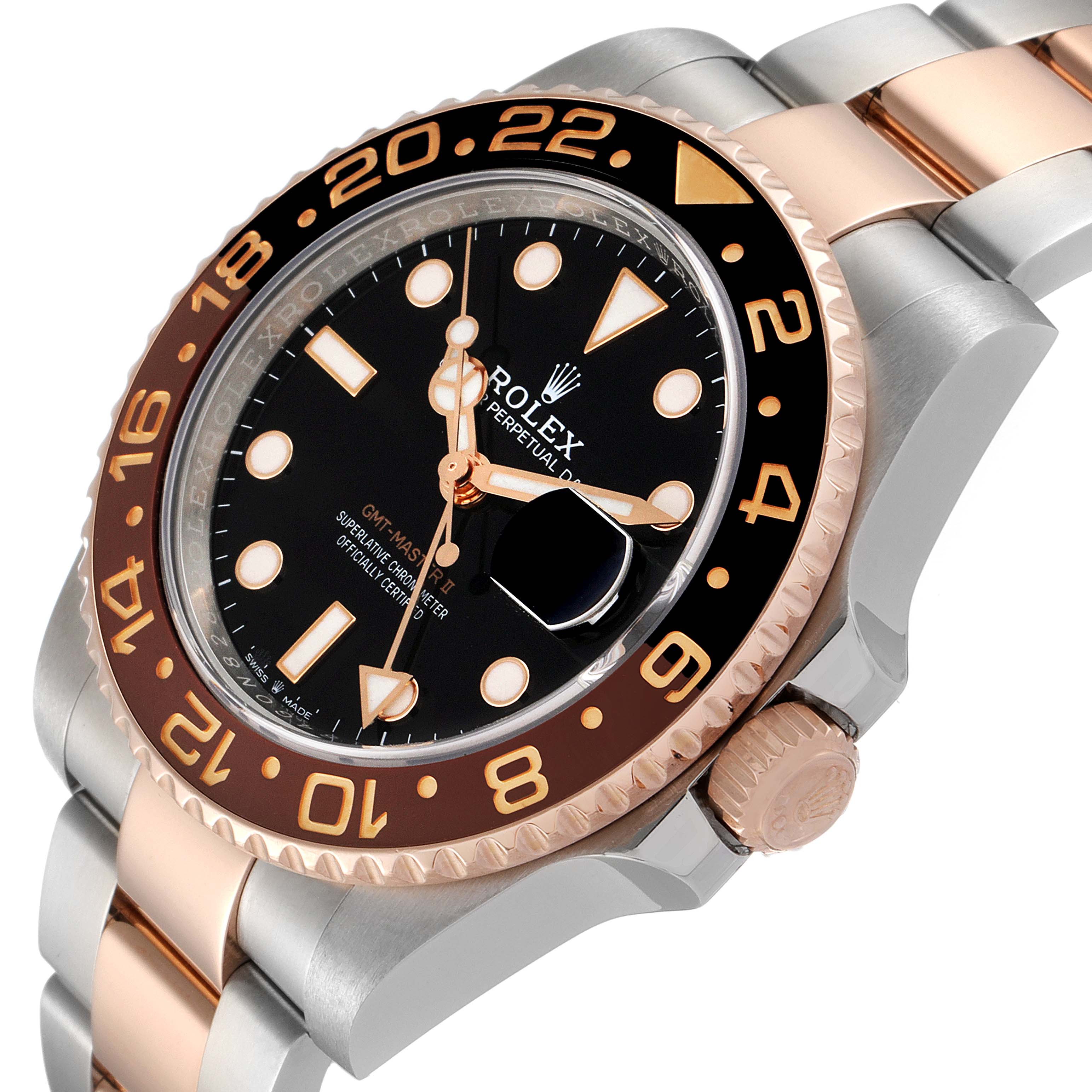 This image shows a close-up of the Rolex GMT-Master 126711CHNR Men's Steel and Gold (two tone) Black Dial 126711CHNR Men's Steel and Gold (two tone) Black Dial watch face, bezel, crown, and part of the bracelet.