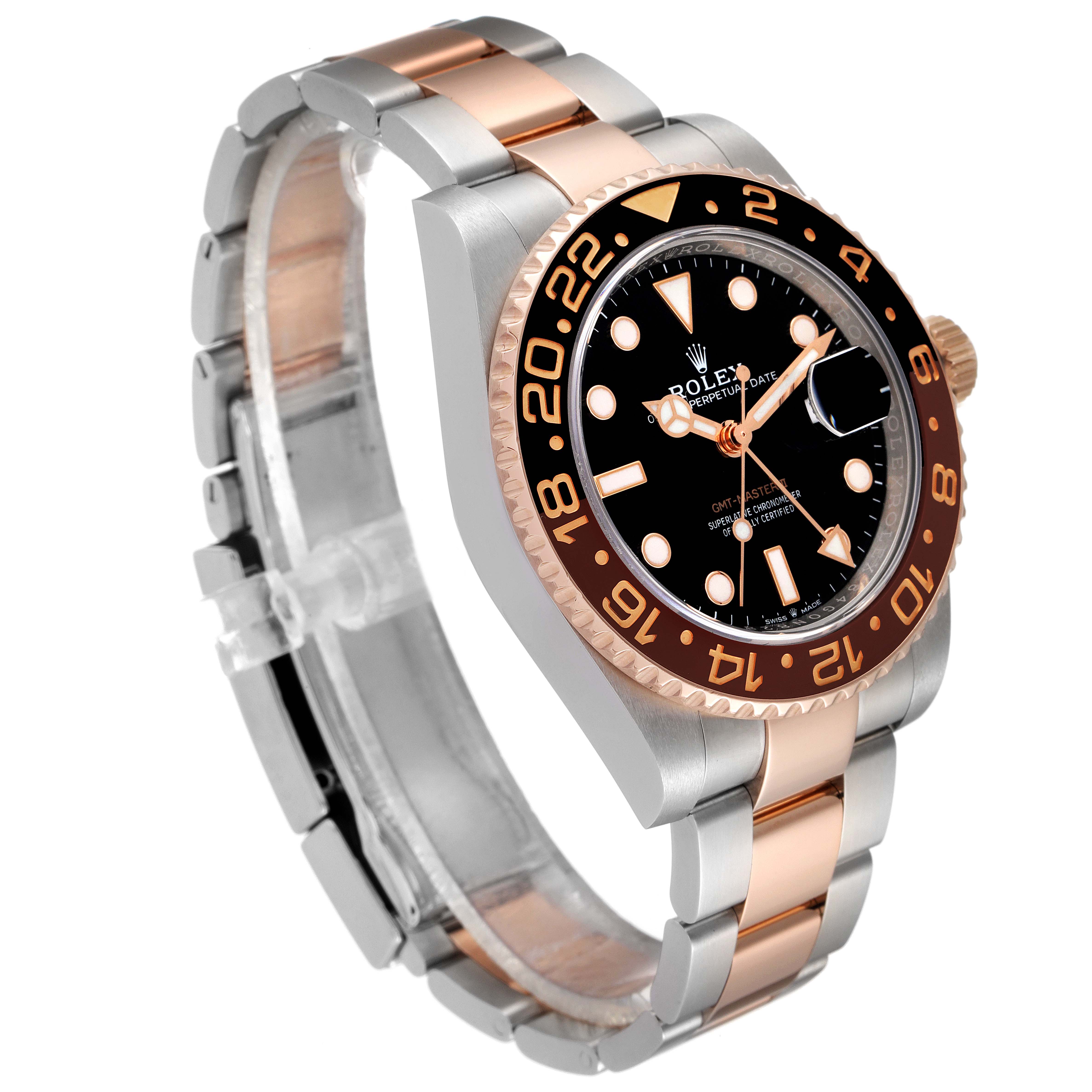 The Rolex GMT-Master 126711CHNR Men's Steel and Gold (two tone) Black Dial 126711CHNR Men's Steel and Gold (two tone) Black Dial watch is shown at a slight angle, highlighting the bezel, dial, and bracelet.