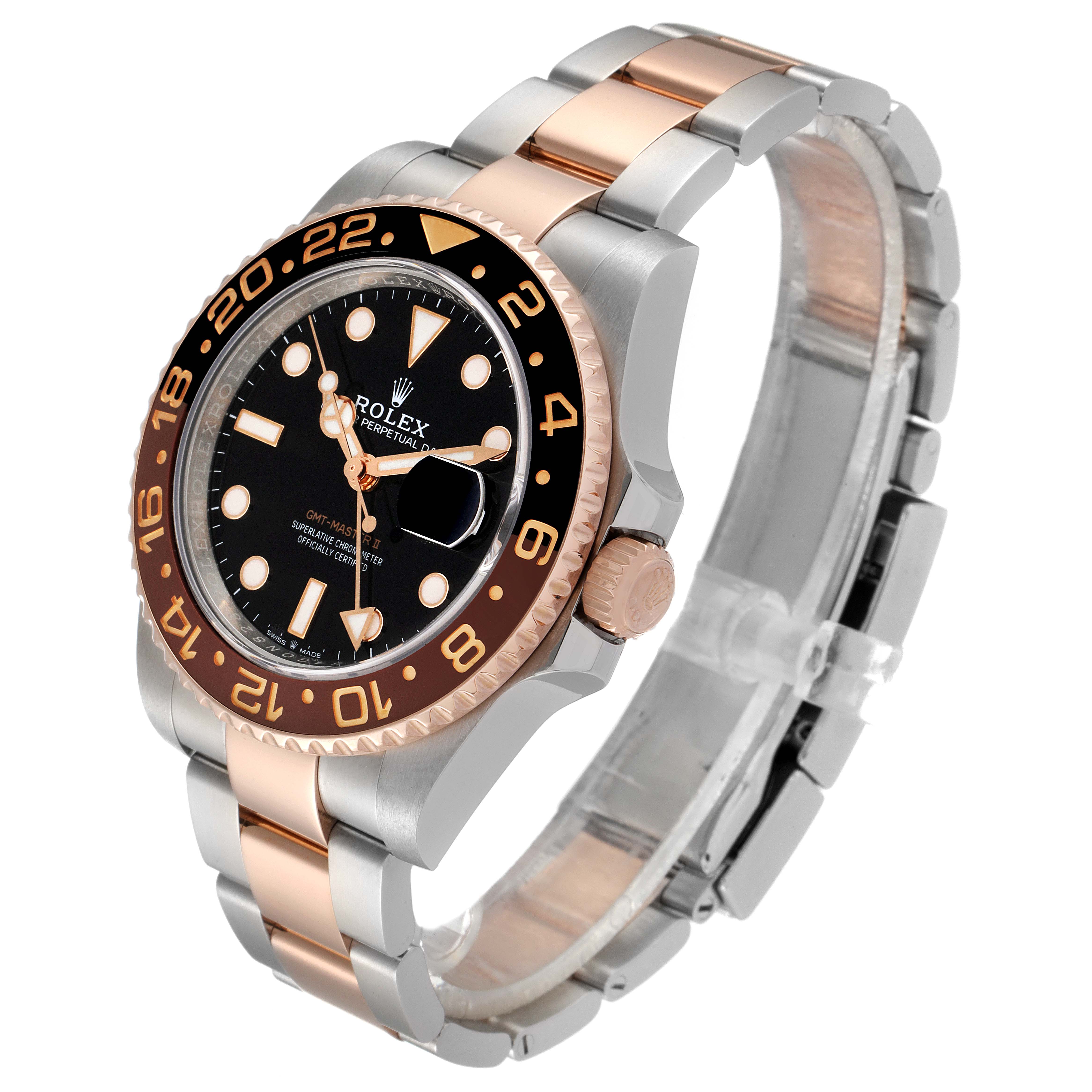 The image shows a three-quarter angle of a Rolex GMT-Master 126711CHNR Men's Steel and Gold (two tone) Black Dial 126711CHNR Men's Steel and Gold (two tone) Black Dial watch, highlighting its bezel, dial, crown, and bracelet.