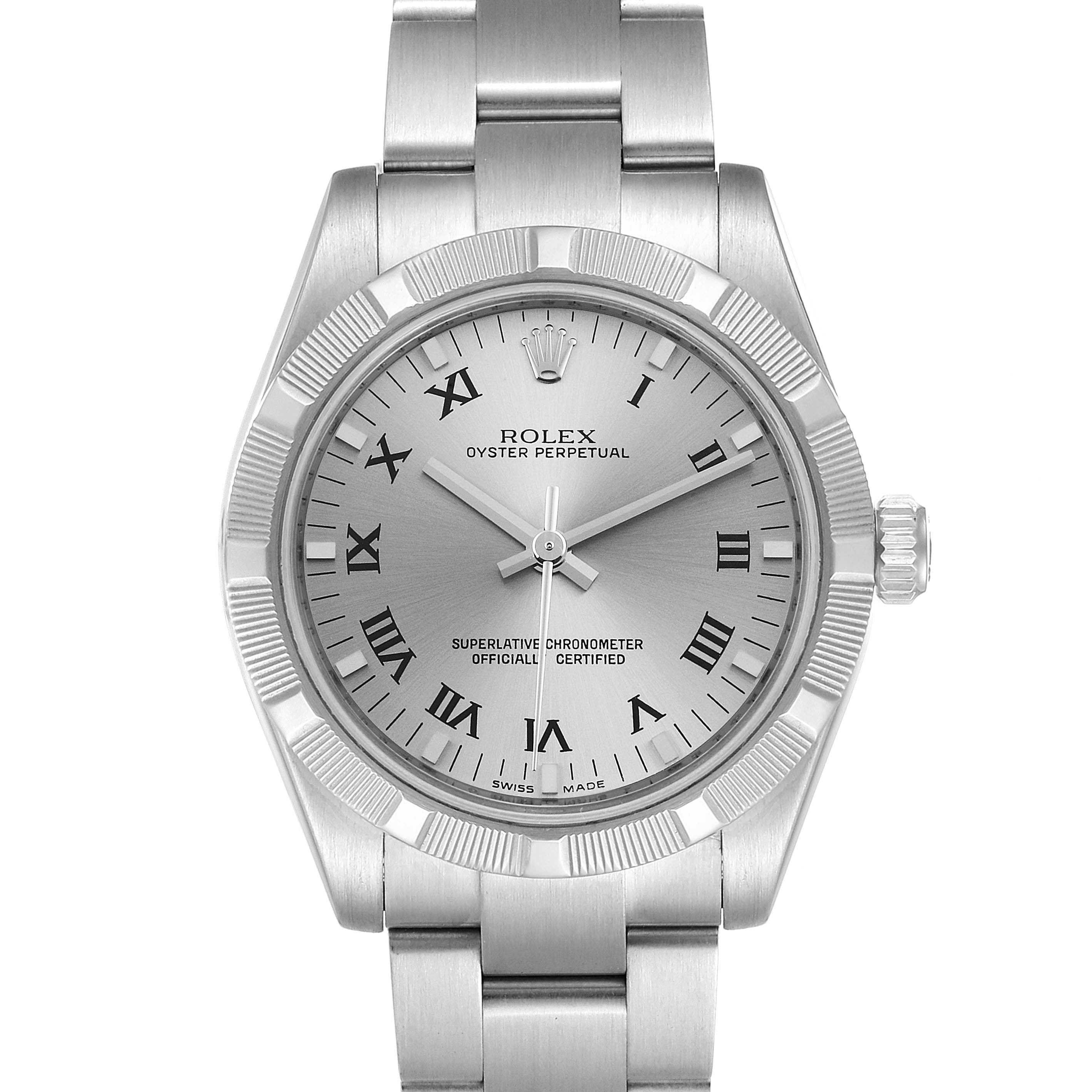 This image shows a front view of the Rolex Oyster Perpetual Mid-Size watch including its face, bezel, and part of the bracelet.