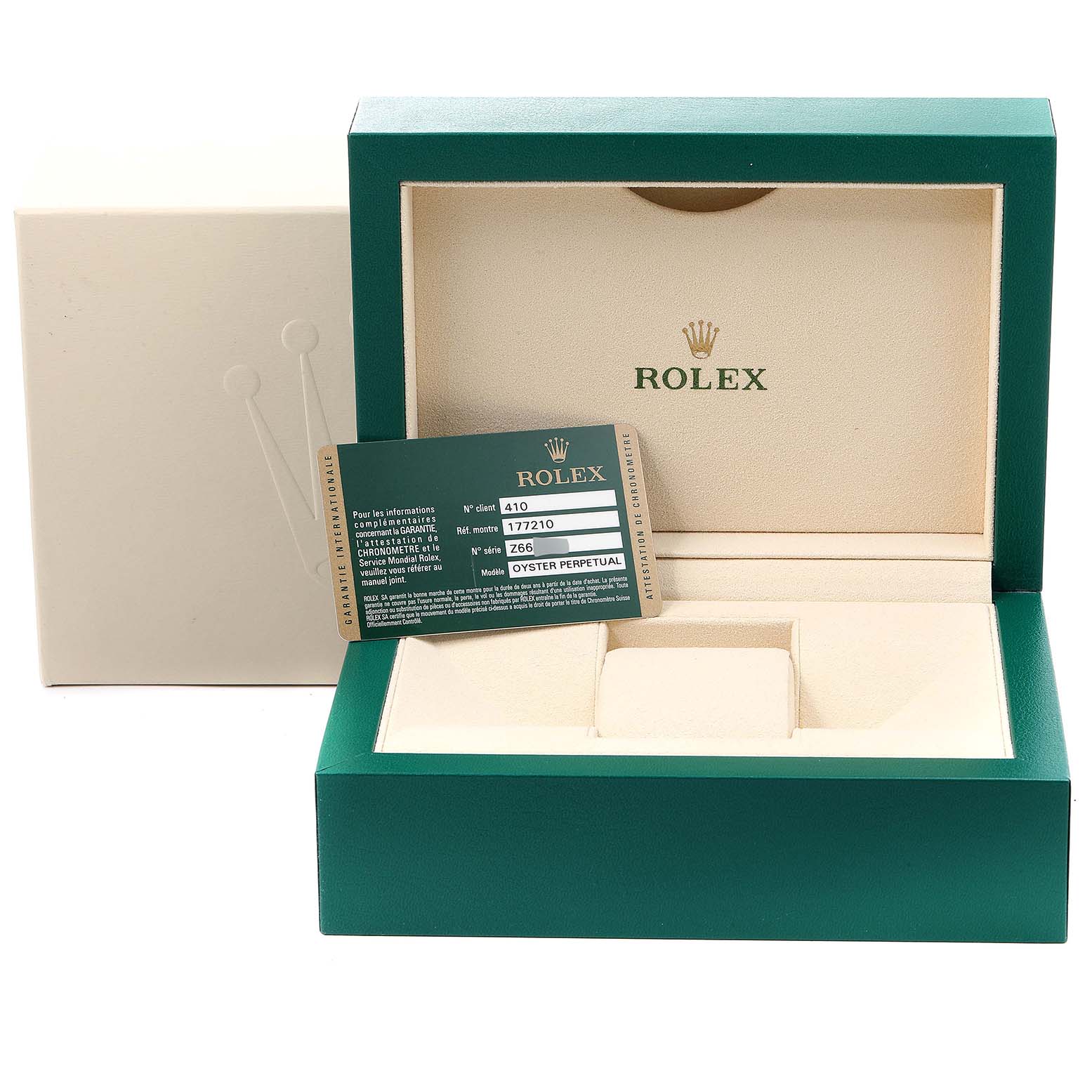 The image shows the packaging, an open box, and a warranty card for a Rolex Mid-Size 177210 Women
s Stainless Steel Silver Dial 177210 Women
s Stainless Steel Silver Dial model.