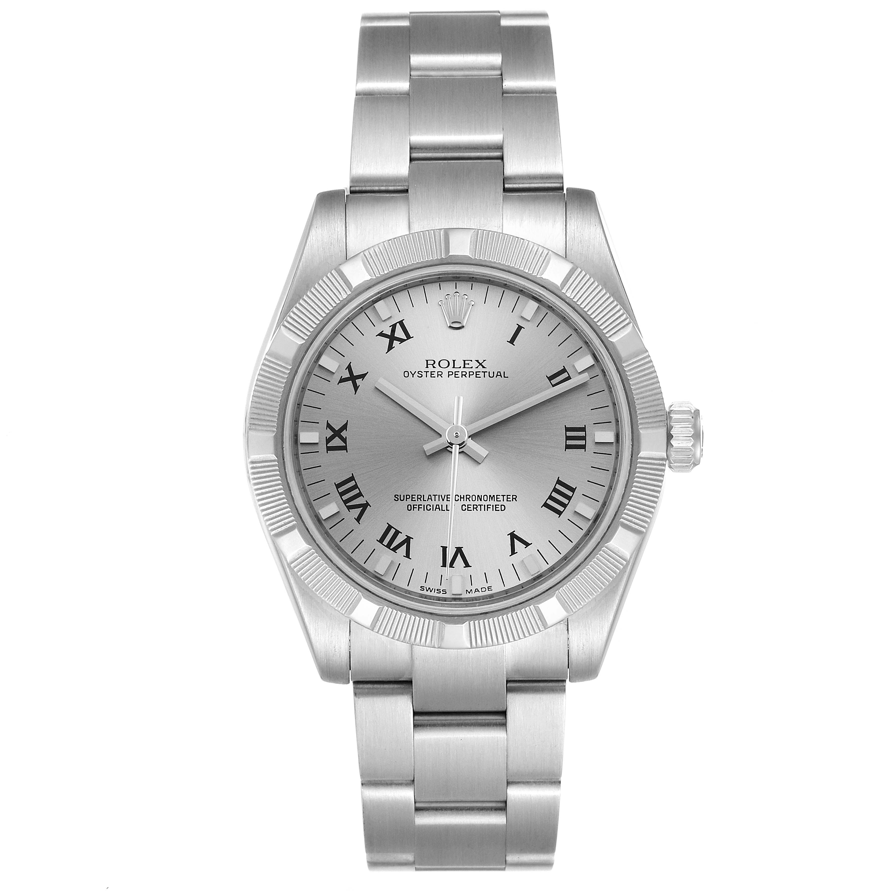 The image shows a front view of the Rolex Mid-Size 177210 Women
s Stainless Steel Silver Dial 177210 Women
s Stainless Steel Silver Dial Oyster Perpetual watch, highlighting its face, bezel, and bracelet.