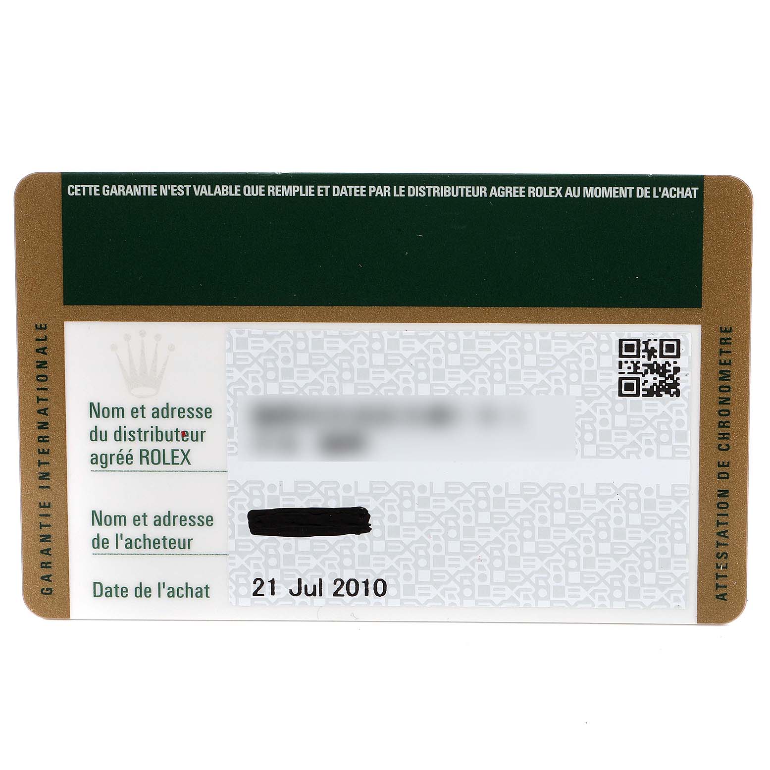 This image shows the warranty card for a Mid-Size Rolex watch, including purchase date and distributor information.