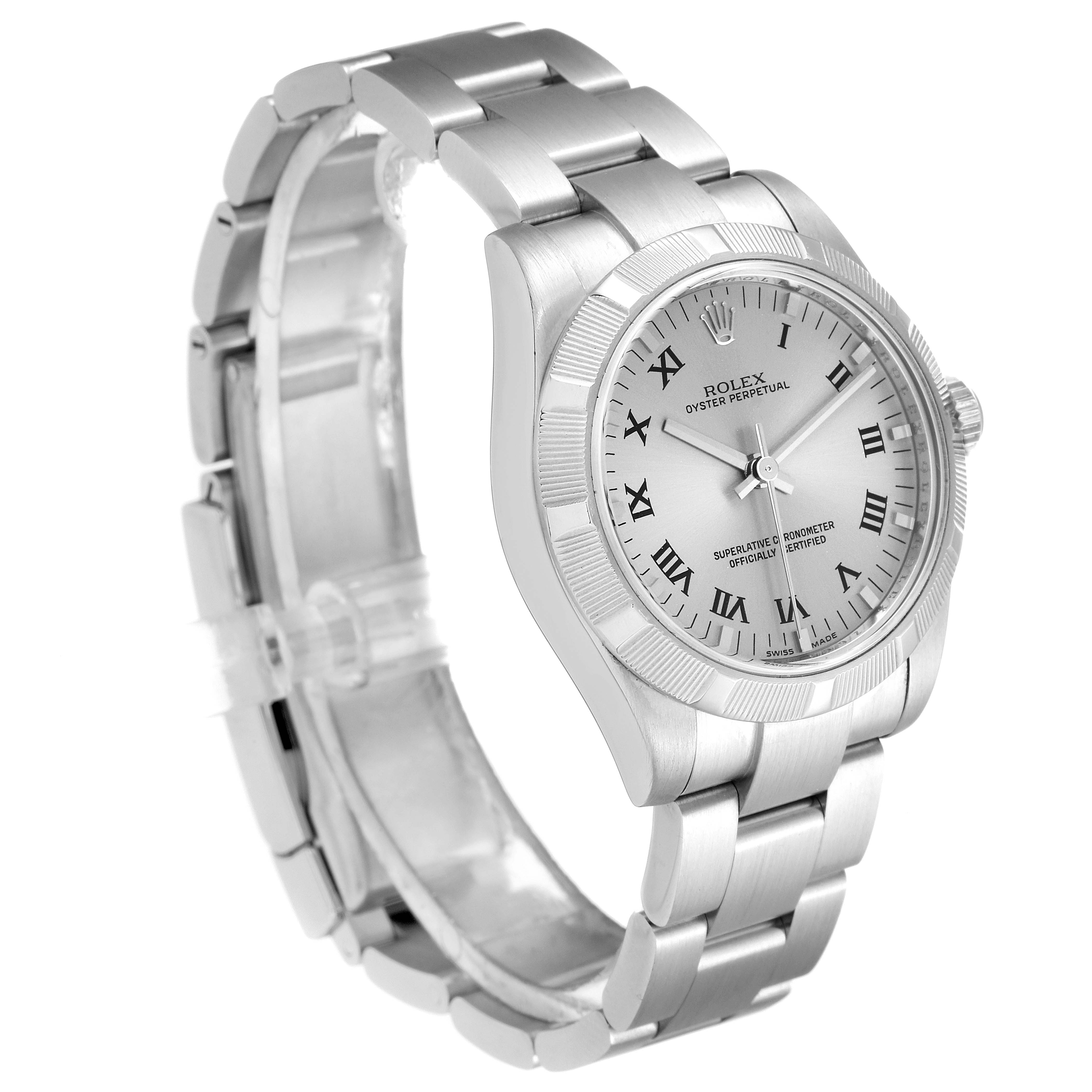 The image shows a Rolex Mid-Size 177210 Women
s Stainless Steel Silver Dial 177210 Women
s Stainless Steel Silver Dial watch at a three-quarter angle, highlighting the face, bezel, crown, and bracelet.