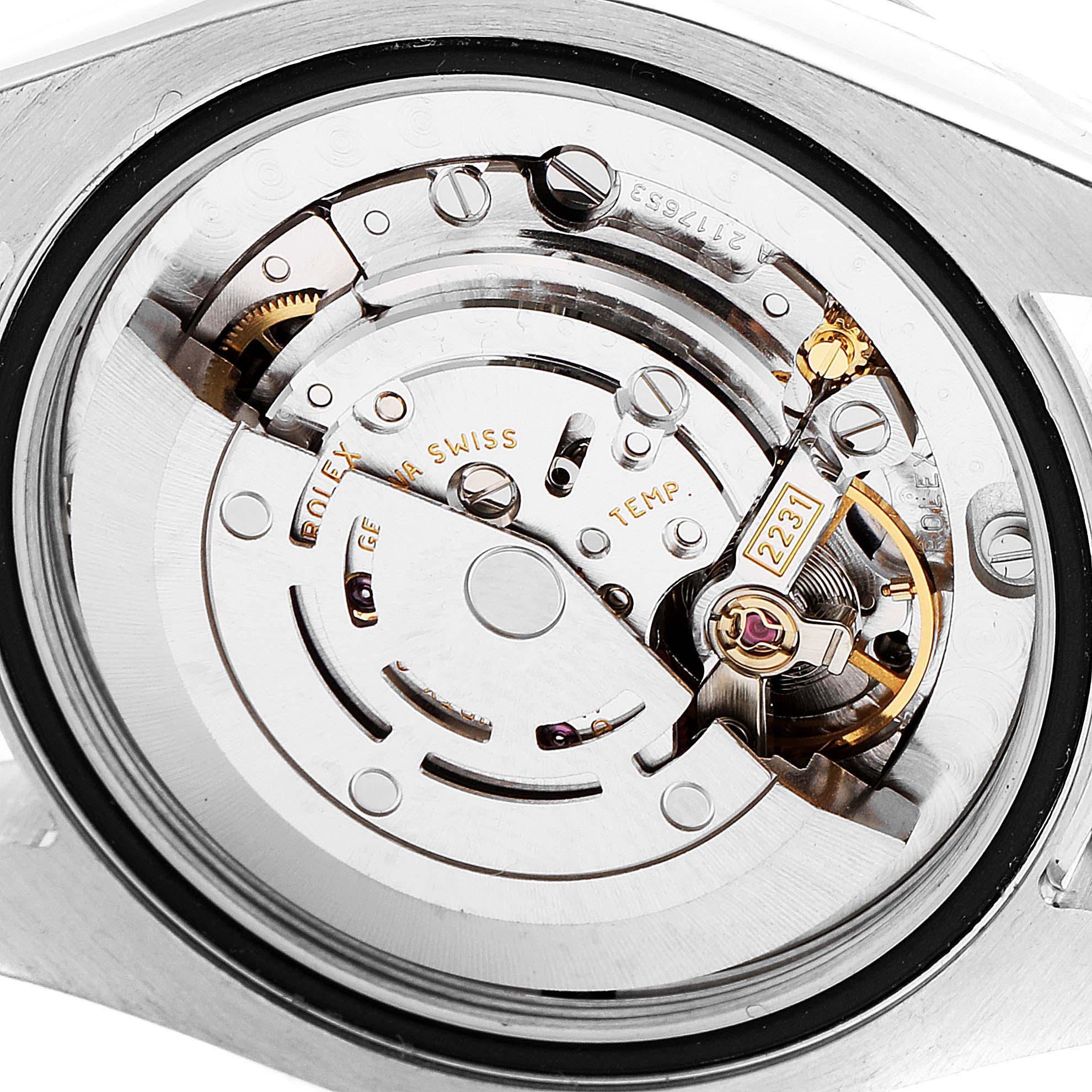 This image shows the back view of the Rolex Mid-Size 177210 Women
s Stainless Steel Silver Dial 177210 Women
s Stainless Steel Silver Dial watch with its internal movement and mechanical parts visible.