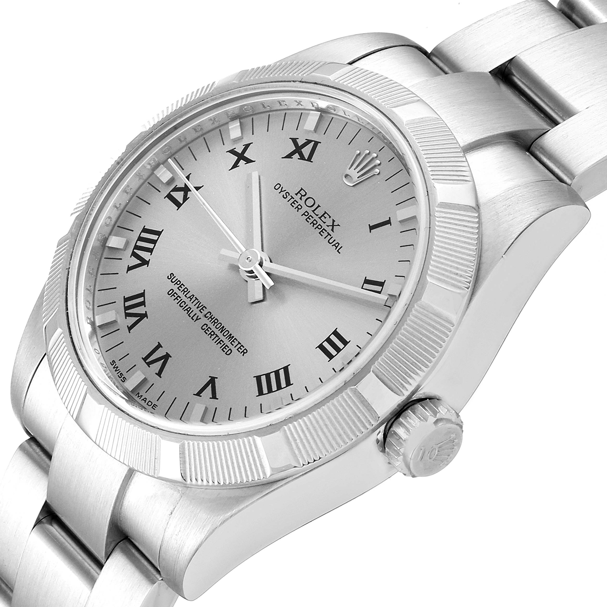 The image shows an angled view of a Rolex Mid-Size 177210 Women
s Stainless Steel Silver Dial 177210 Women
s Stainless Steel Silver Dial Oyster Perpetual watch, including the dial, bezel, case, and part of the bracelet.