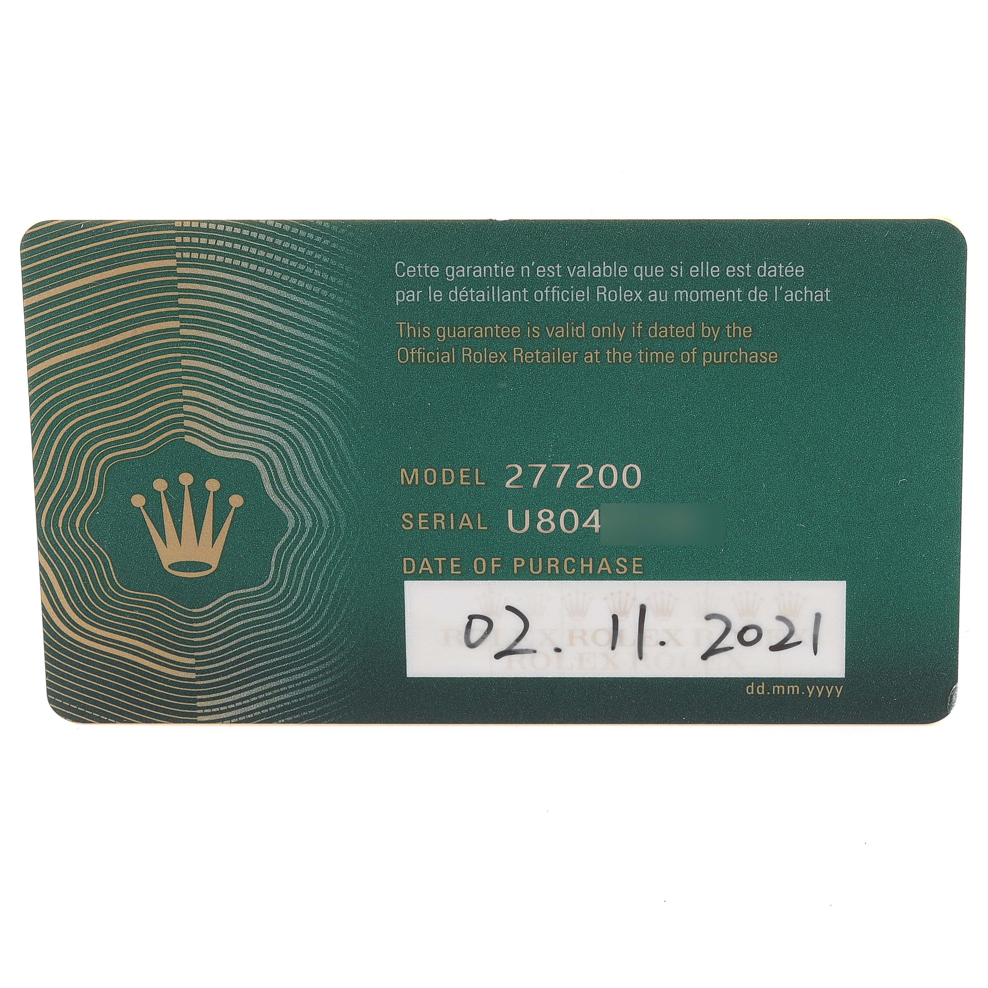 The image shows the guarantee card for a Mid-Size Rolex watch, model 277200, with purchase date 02.11.2021.