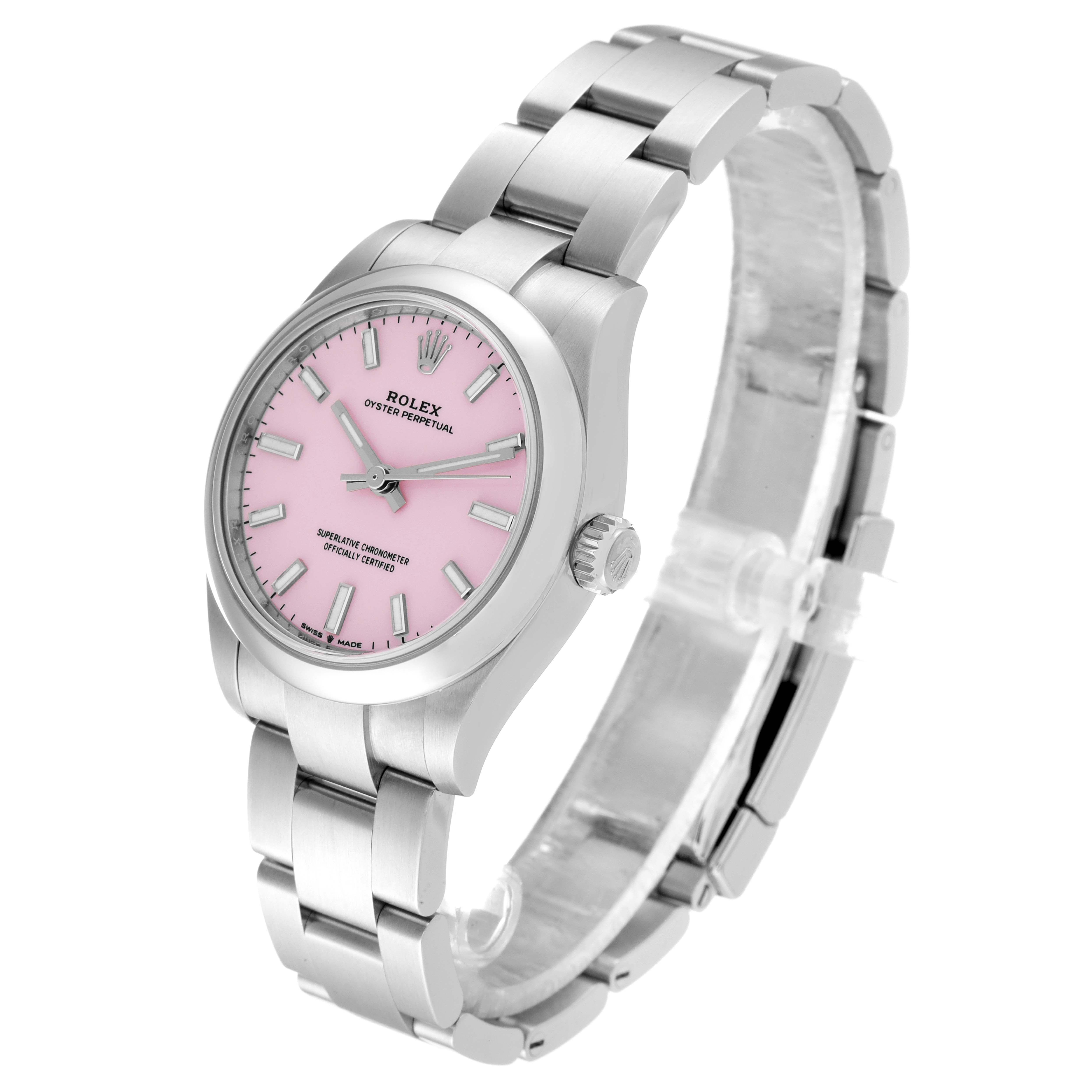 The image shows a side and front view of a Rolex Mid-Size 42109 Women's Stainless Steel Pink Dial 42109 Women's Stainless Steel Pink Dial model watch with a pink dial and stainless steel bracelet.
